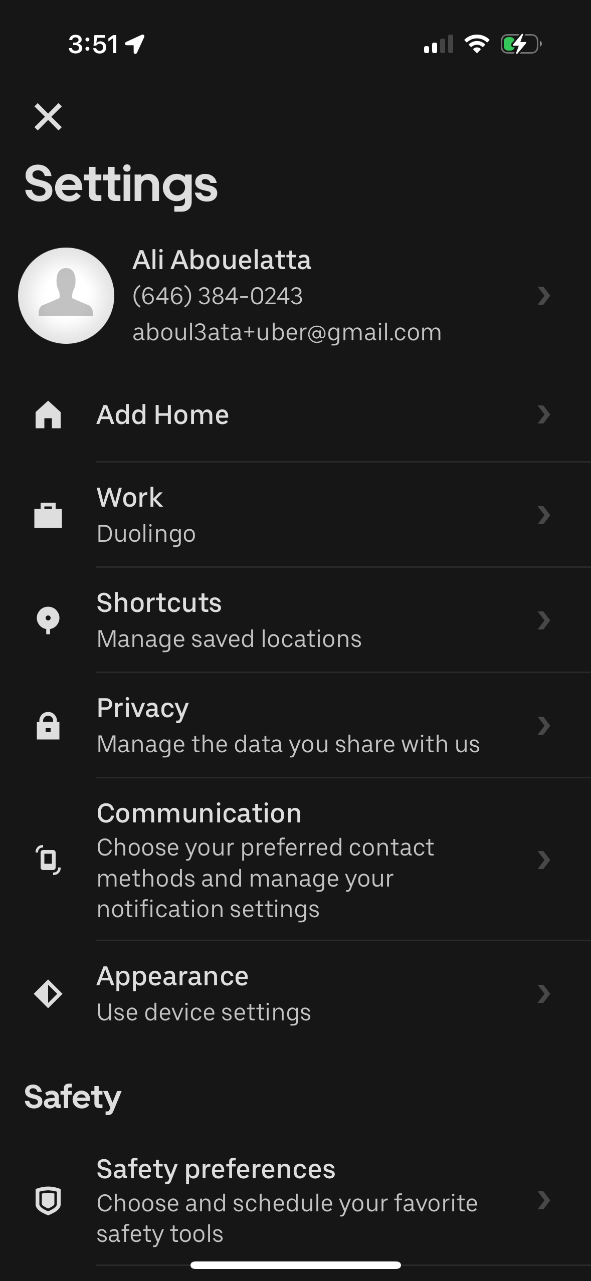 uber settings screenshot