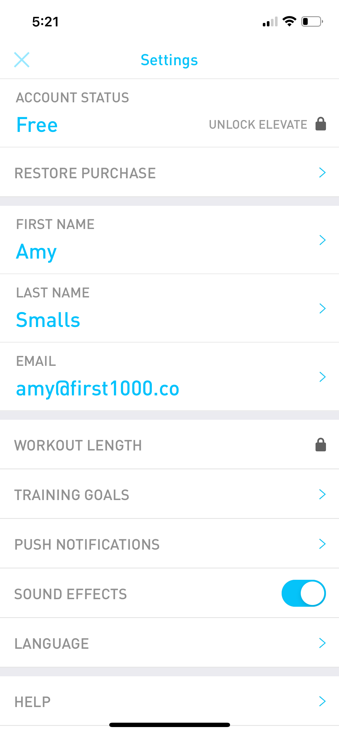 elevate settings screenshot