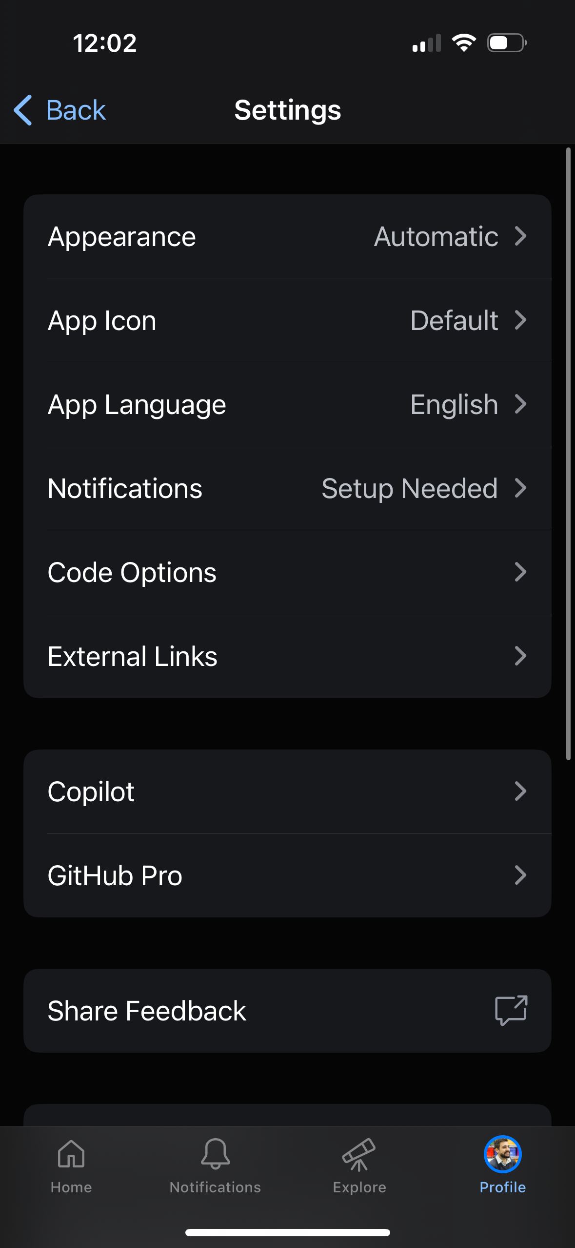 github settings screenshot
