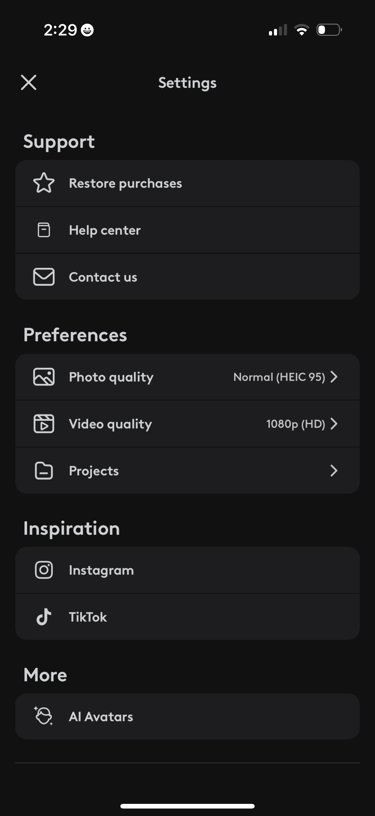 facetune settings screenshot