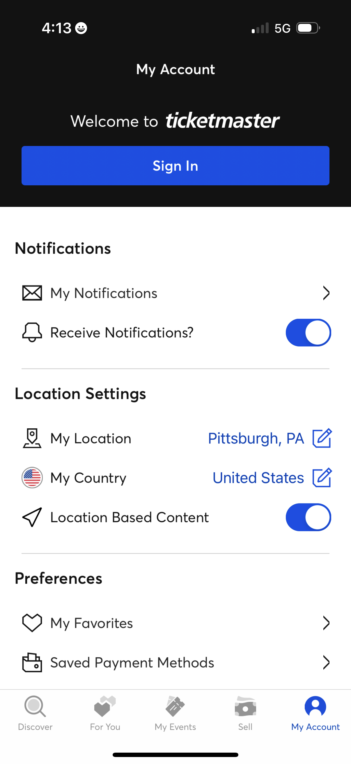 ticketmaster settings screenshot