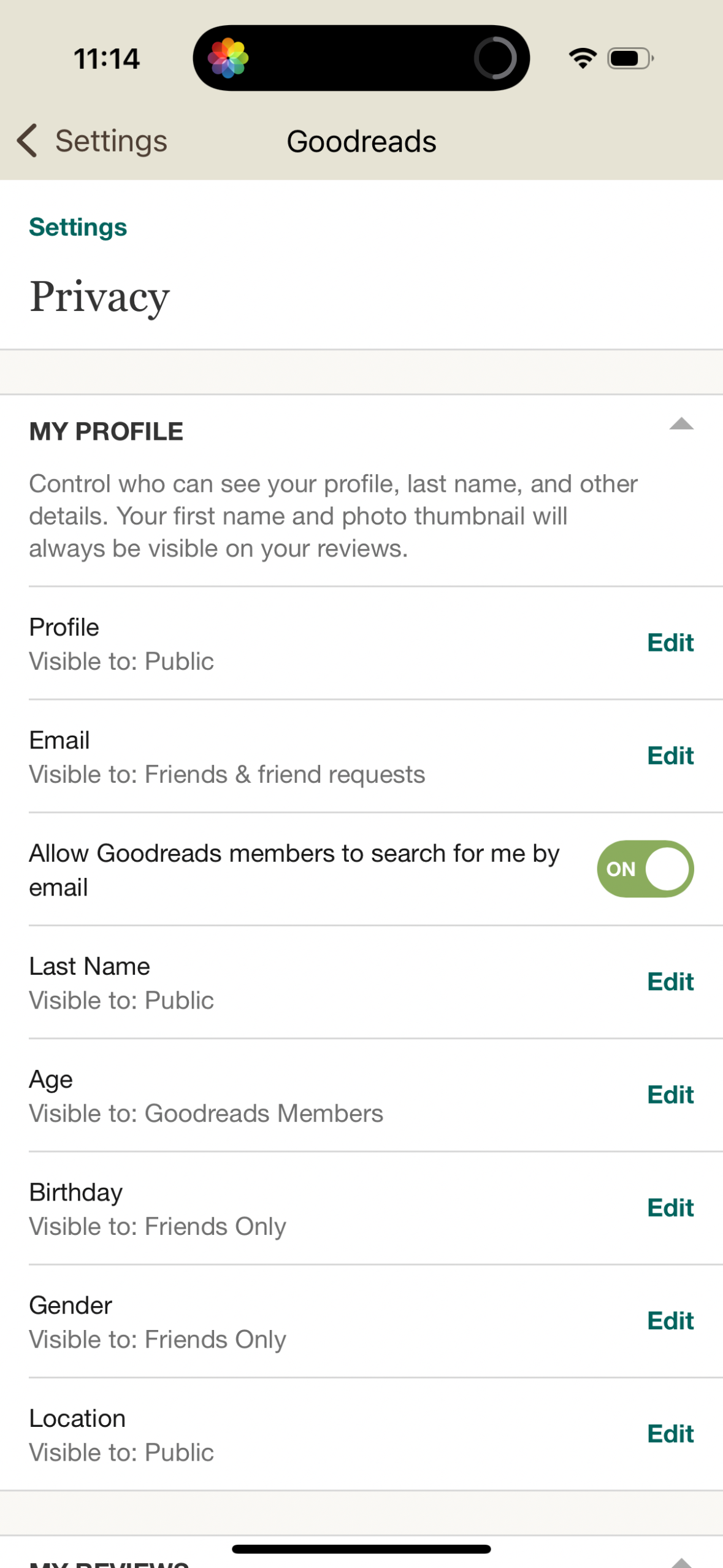 goodreads settings screenshot