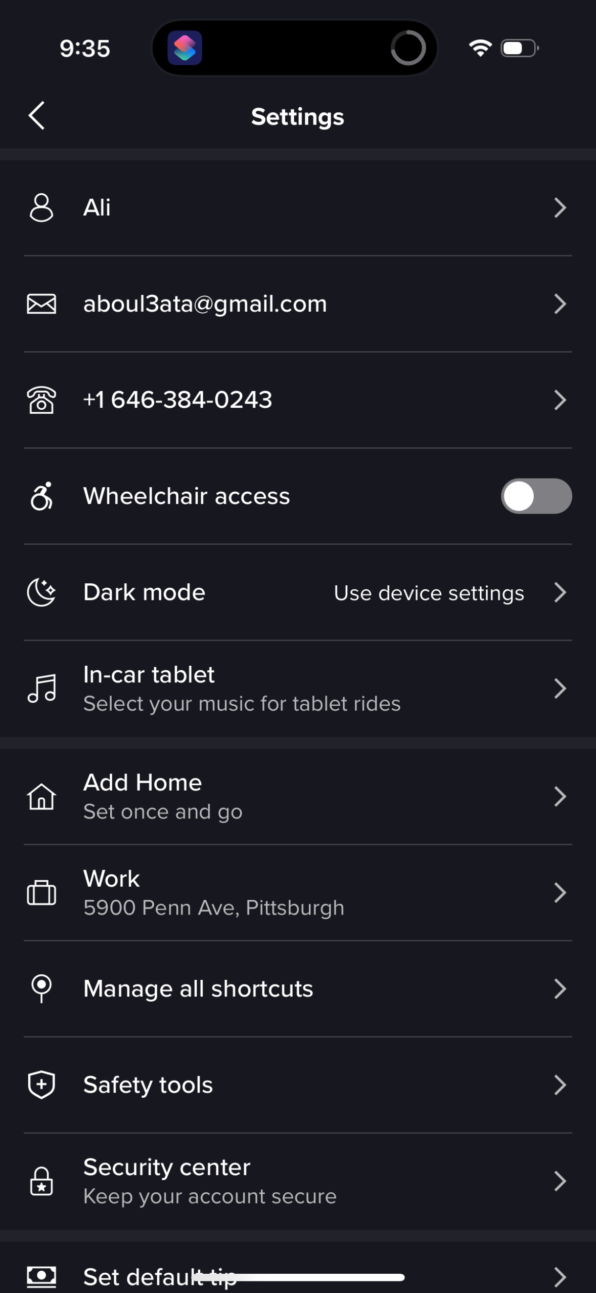 lyft settings screenshot