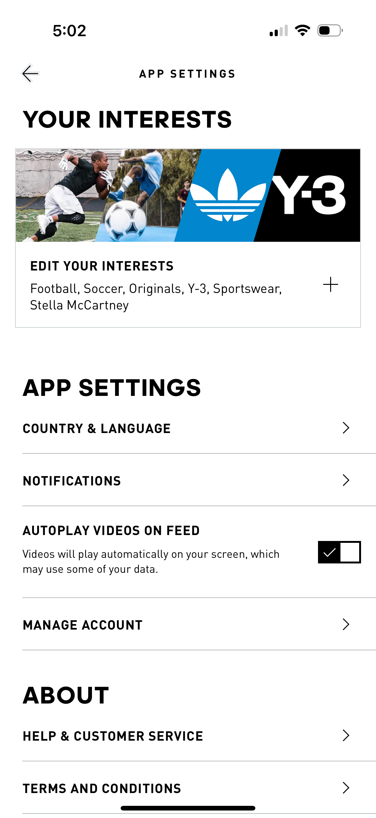 adidas settings screenshot
