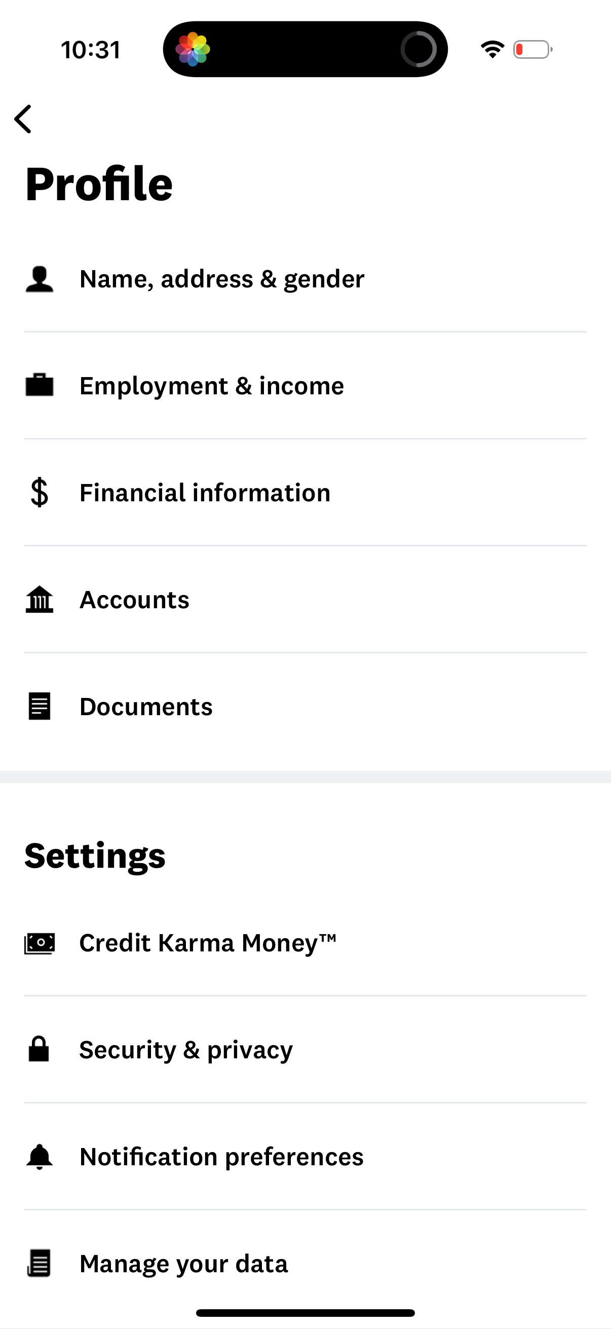 credit-karma settings screenshot