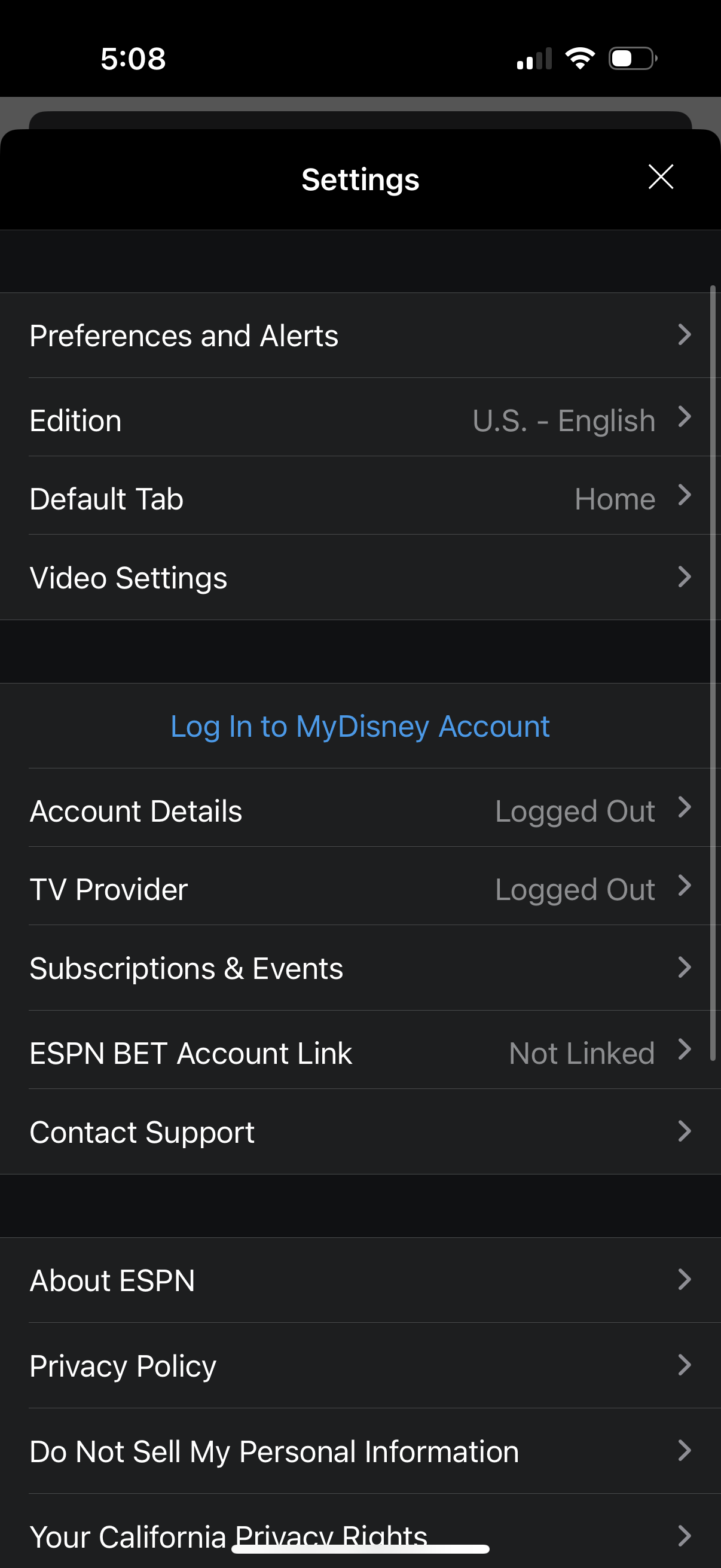 espn settings screenshot