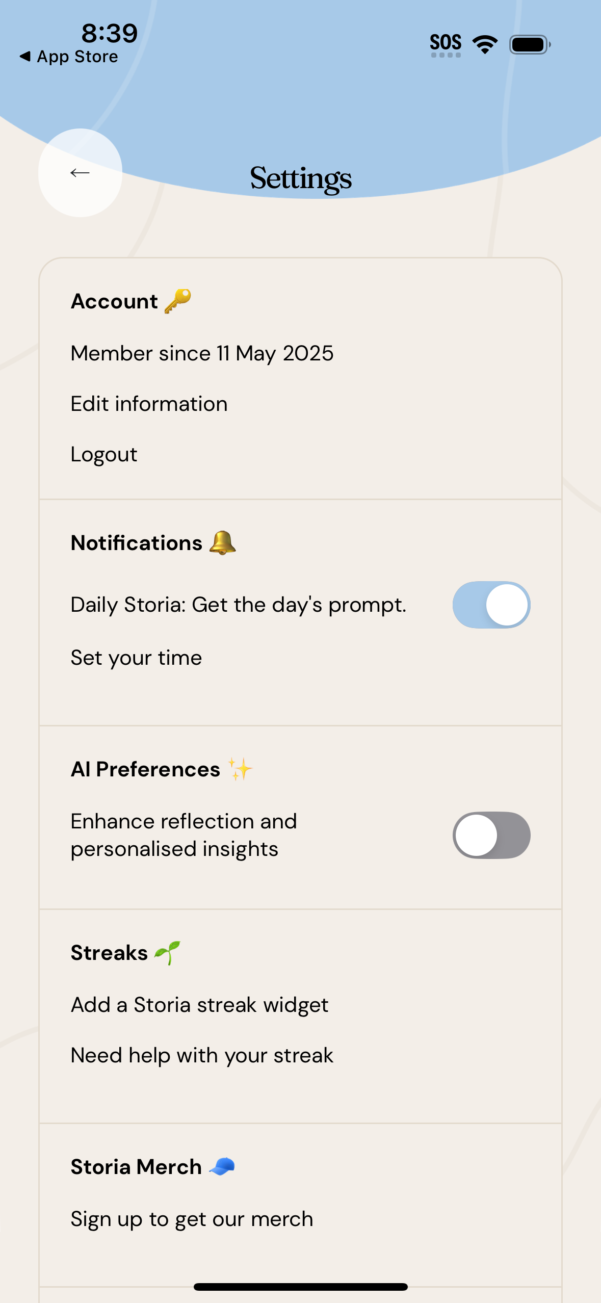 storia settings screenshot
