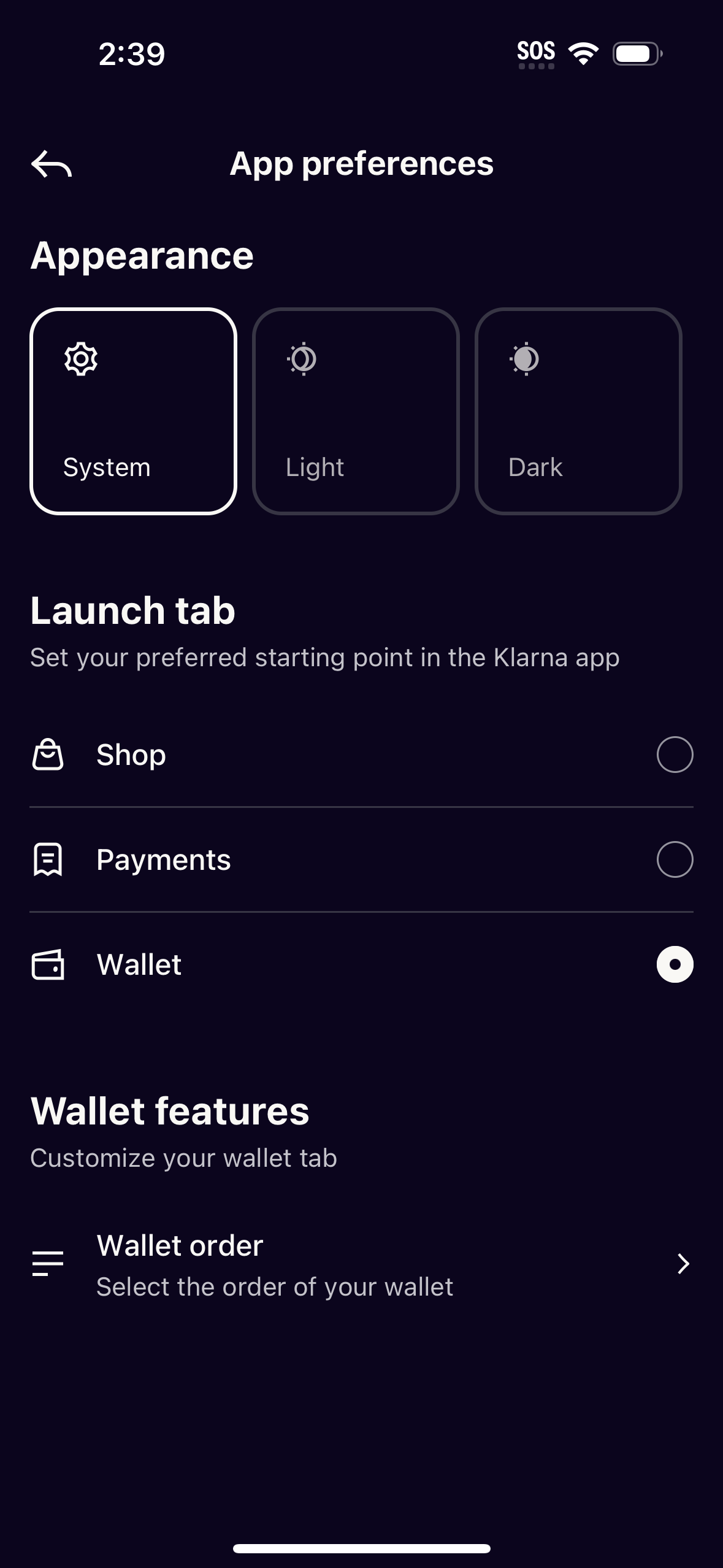 klarna settings screenshot