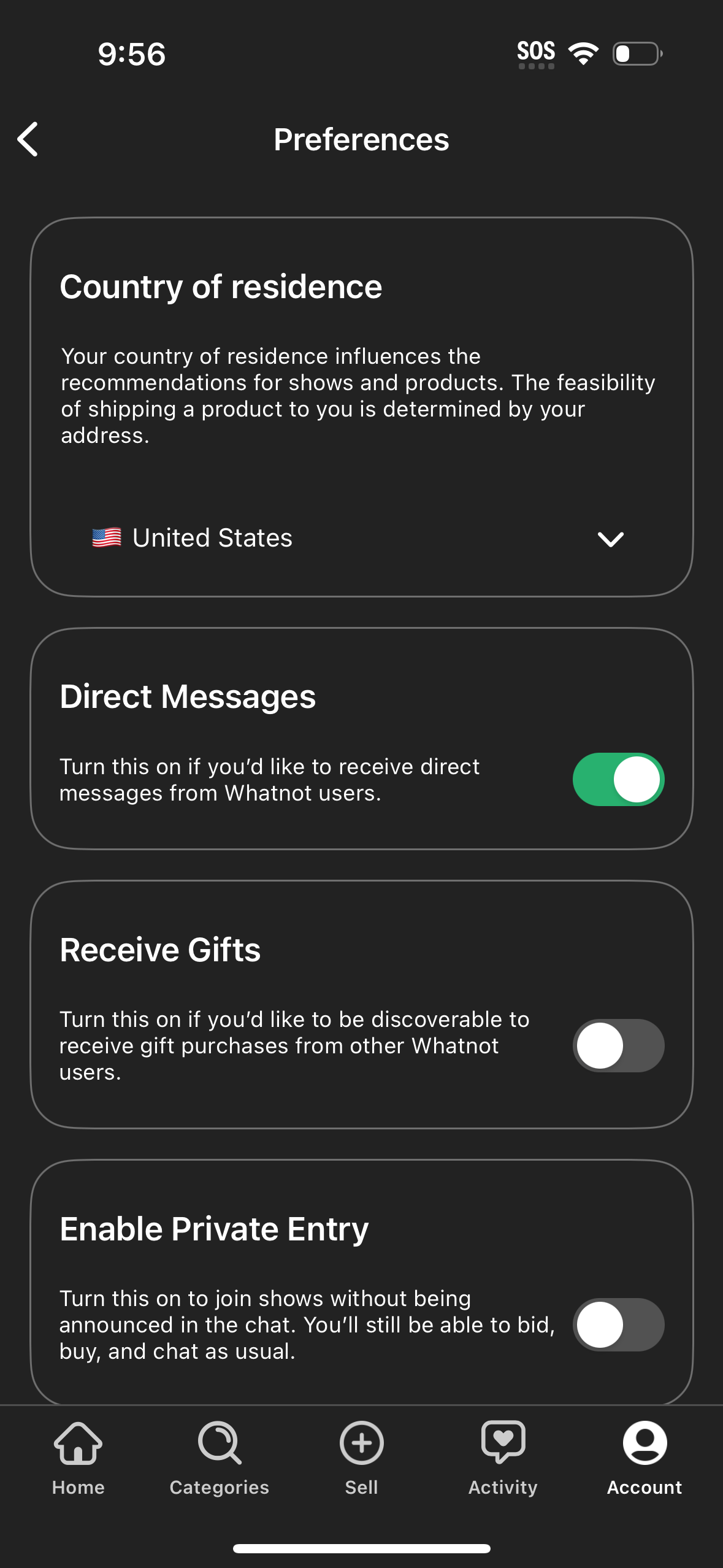 whatnot settings screenshot