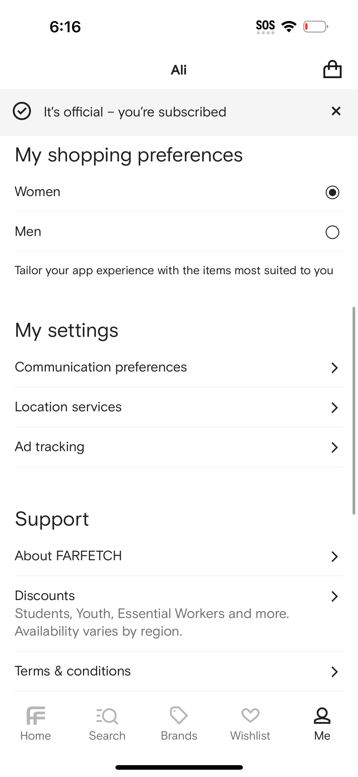 farfetch settings screenshot