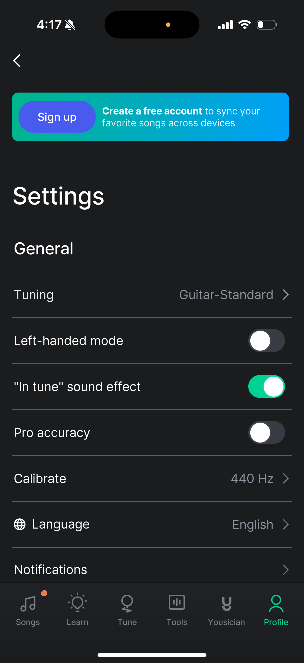 guitartuna settings screenshot