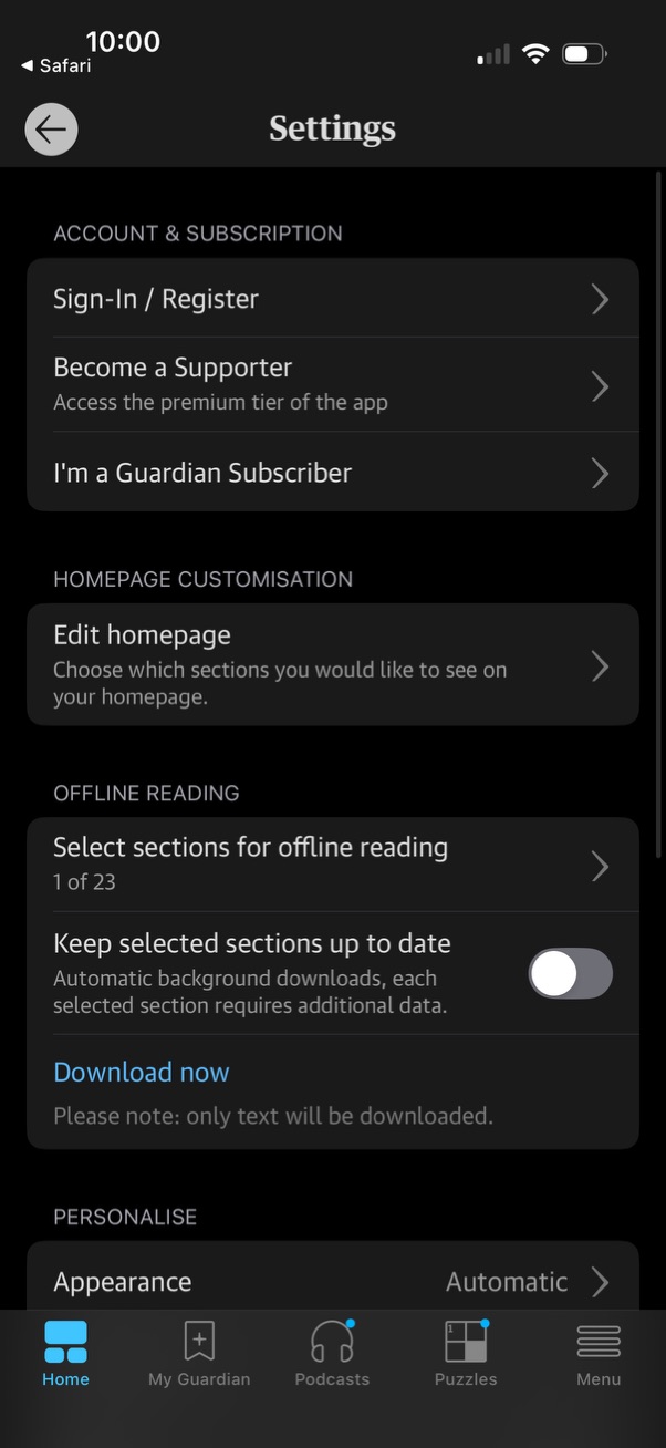 the-gaurdian settings screenshot