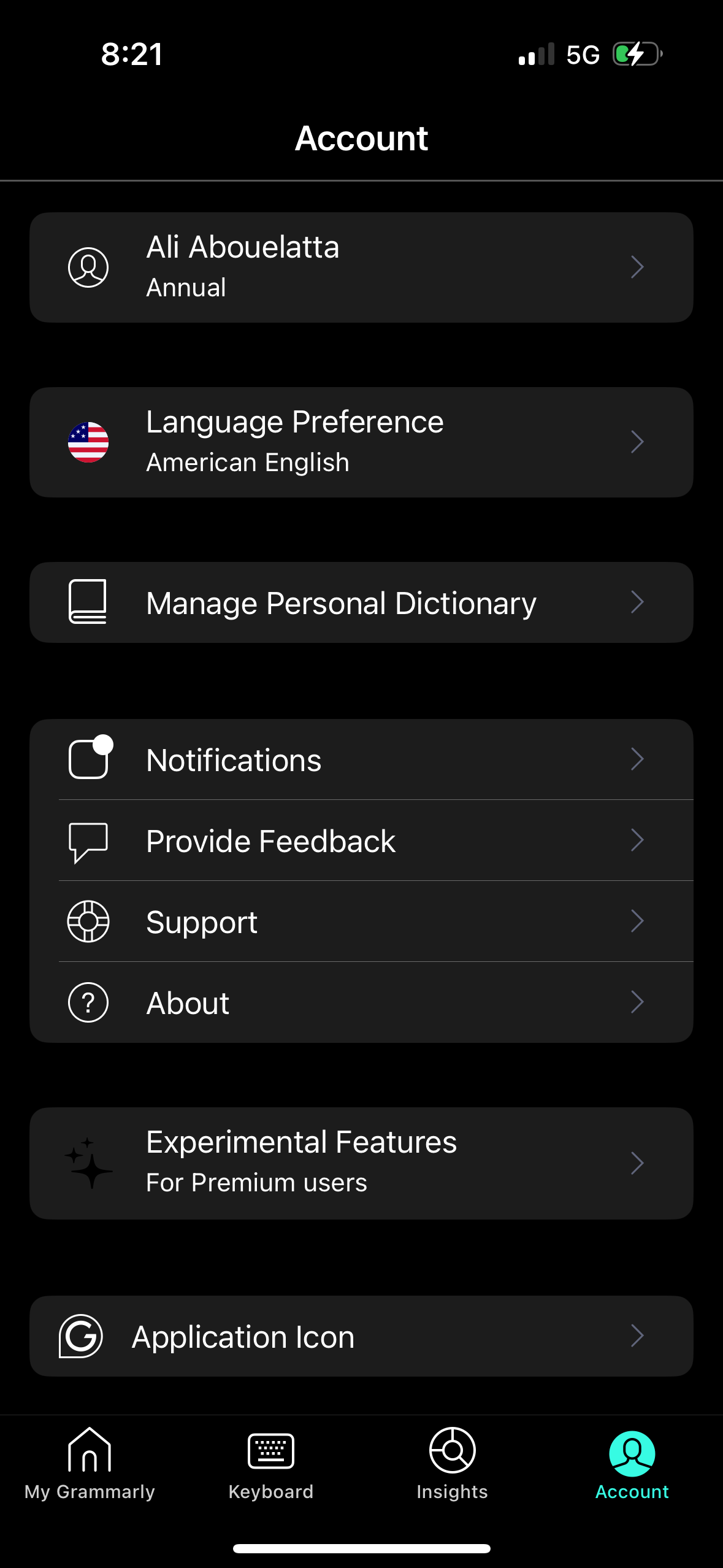 grammarly settings screenshot