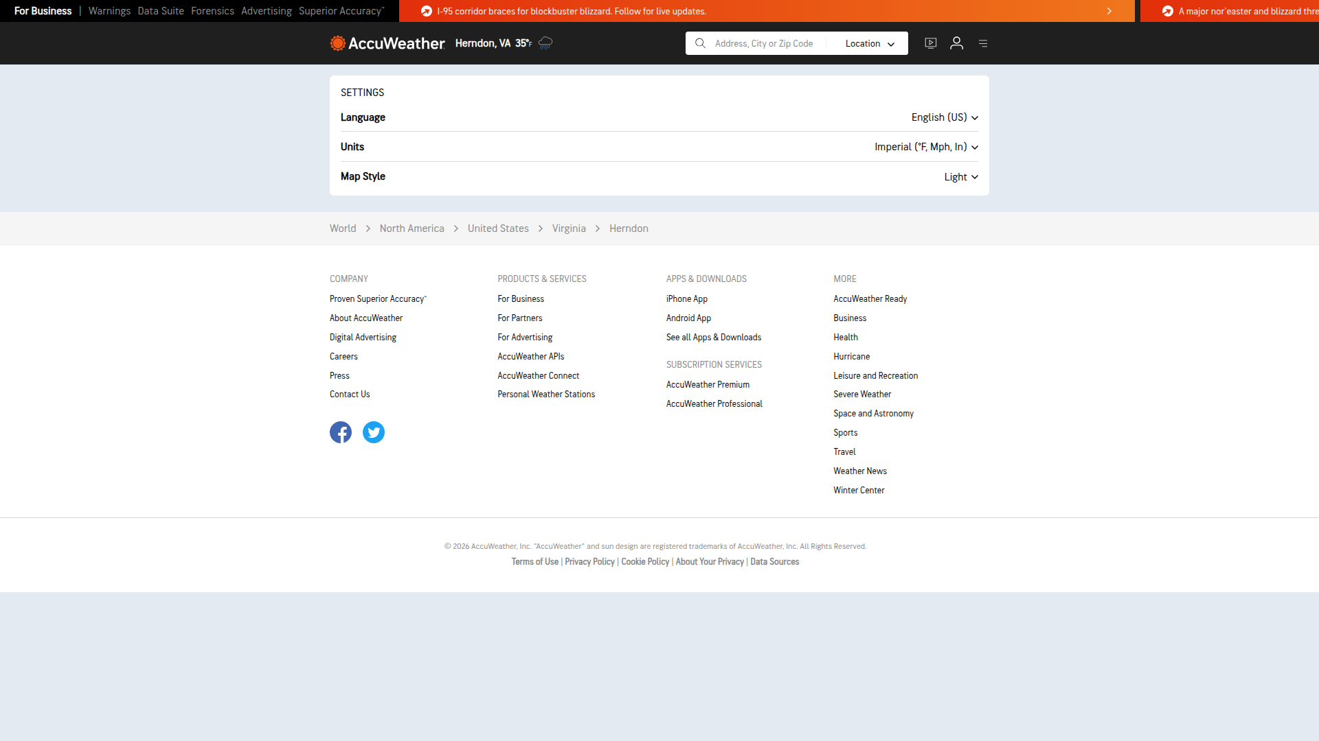 accuweather settings screenshot