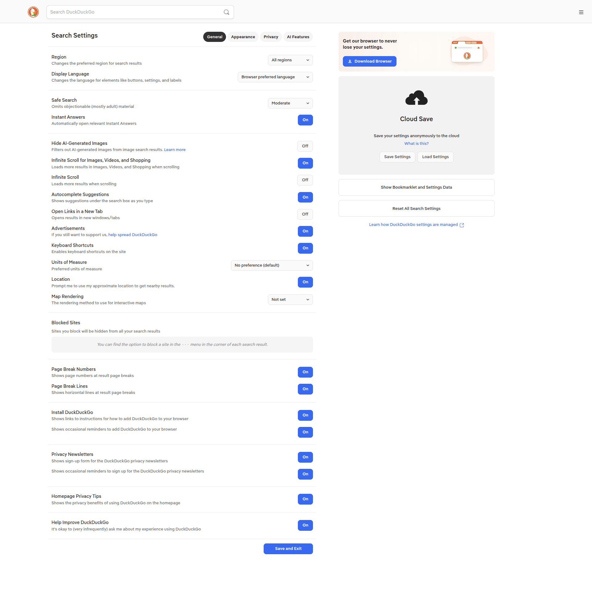 duckduckgo settings screenshot
