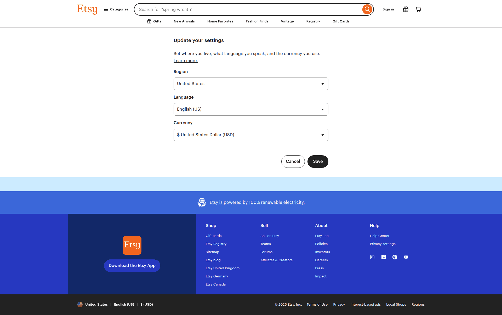 etsy settings screenshot