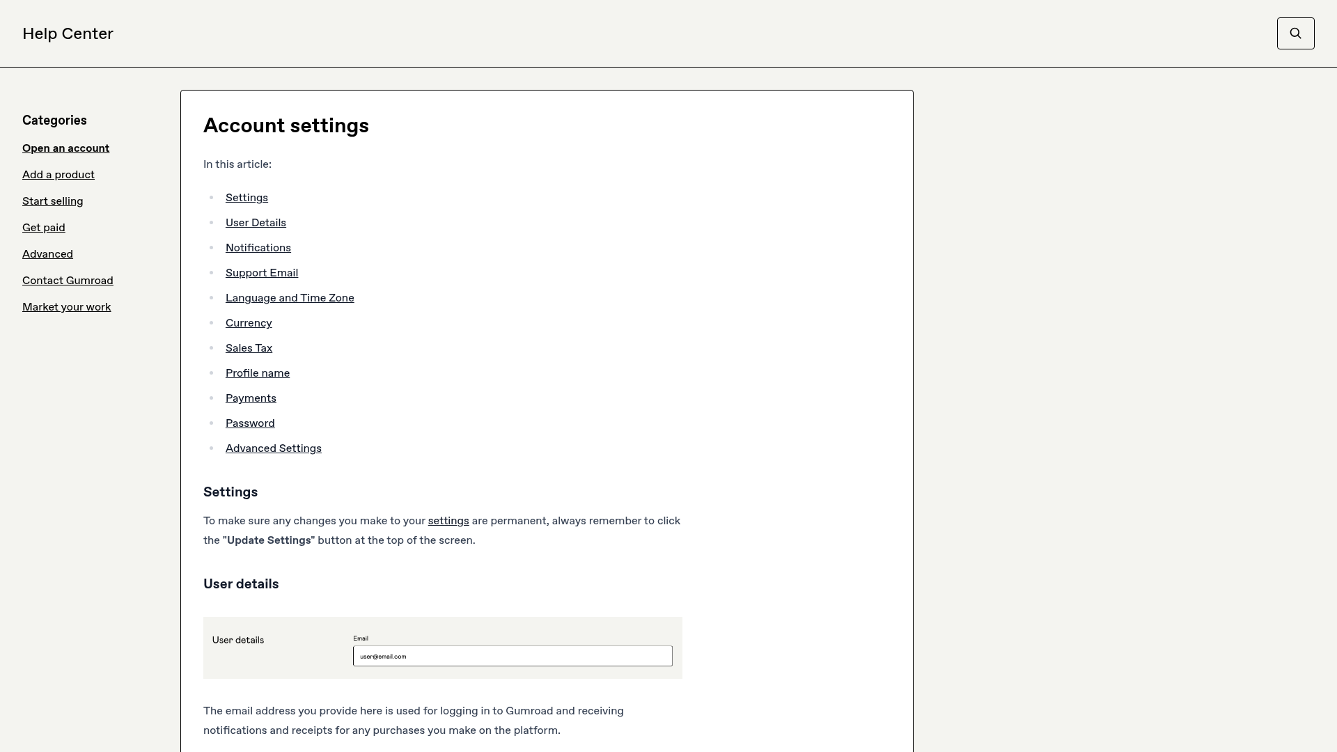 gumroad settings screenshot