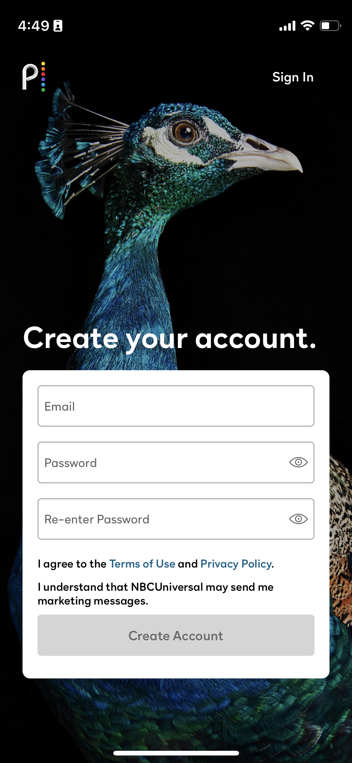 peacock signup screenshot