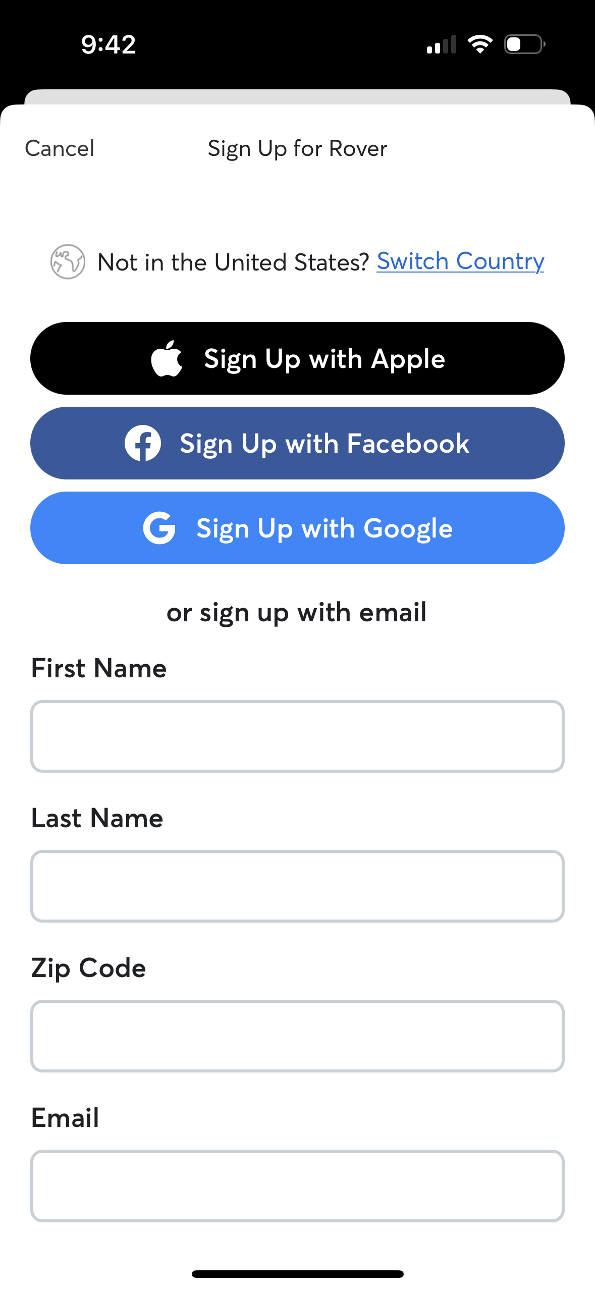 rover signup screenshot