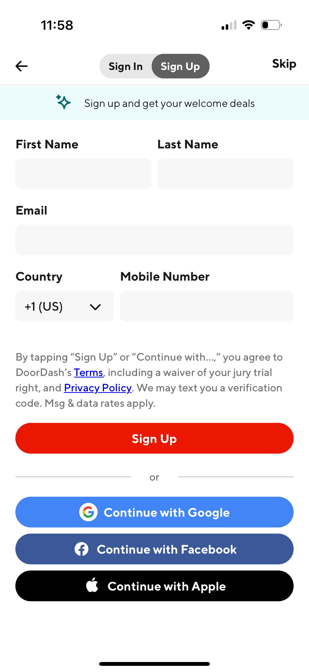 doordash signup screenshot