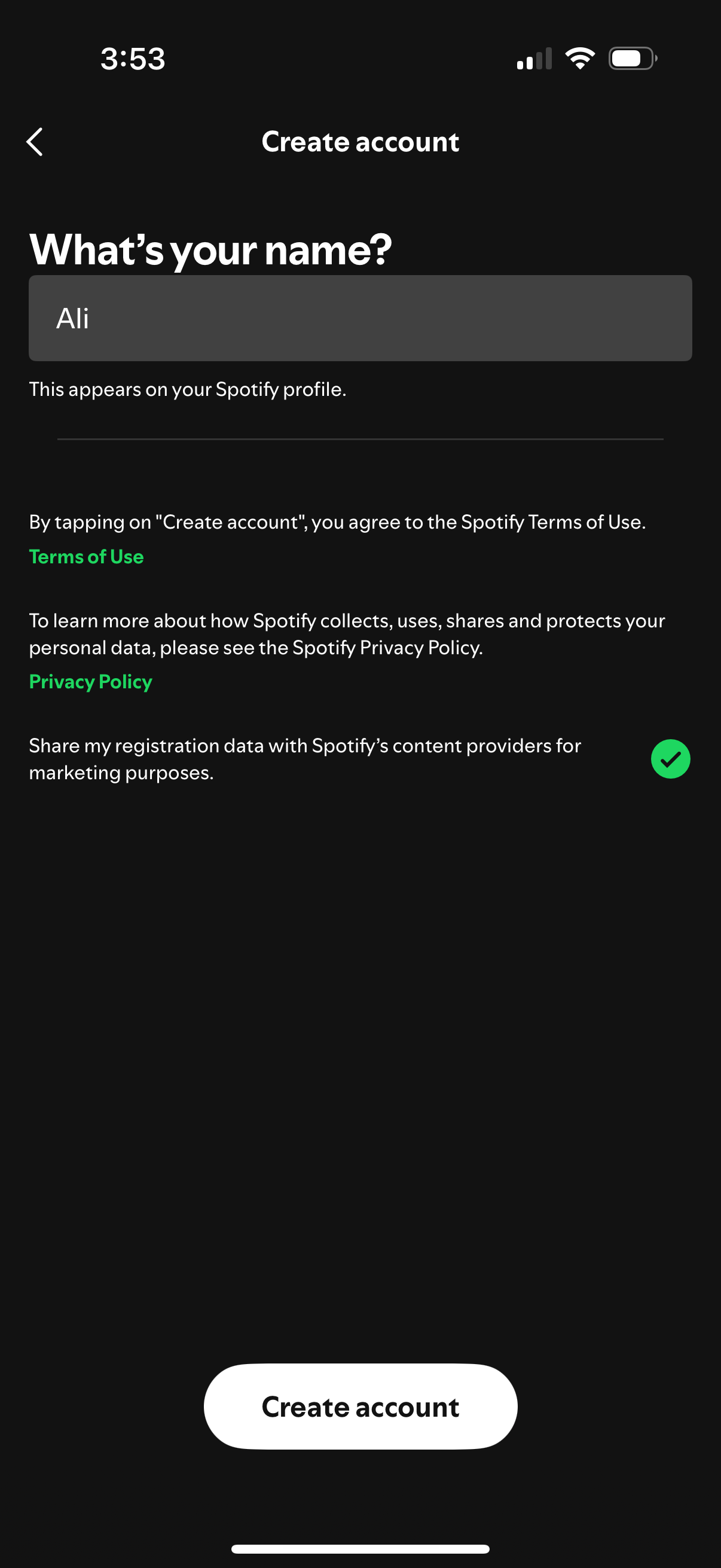 spotify signup screenshot