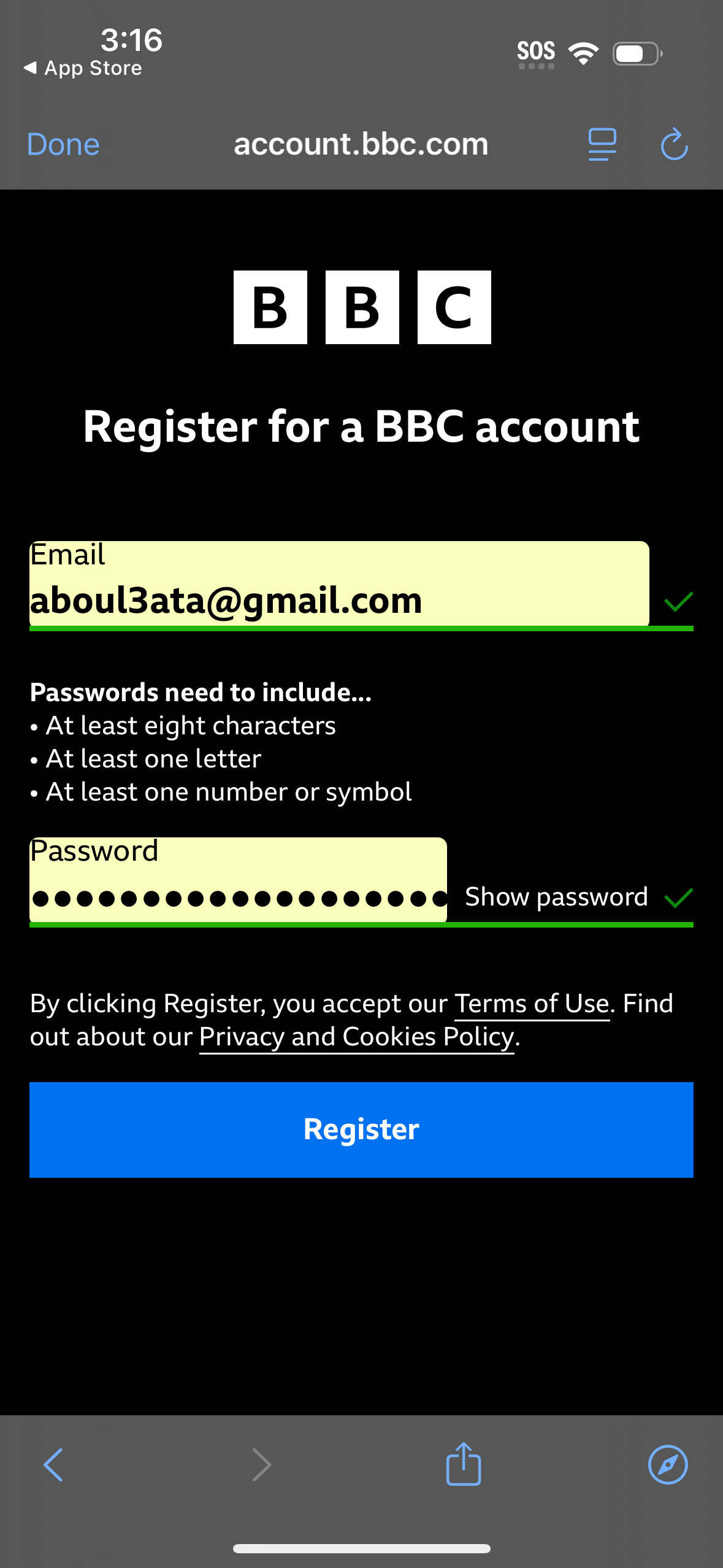 bbc signup screenshot