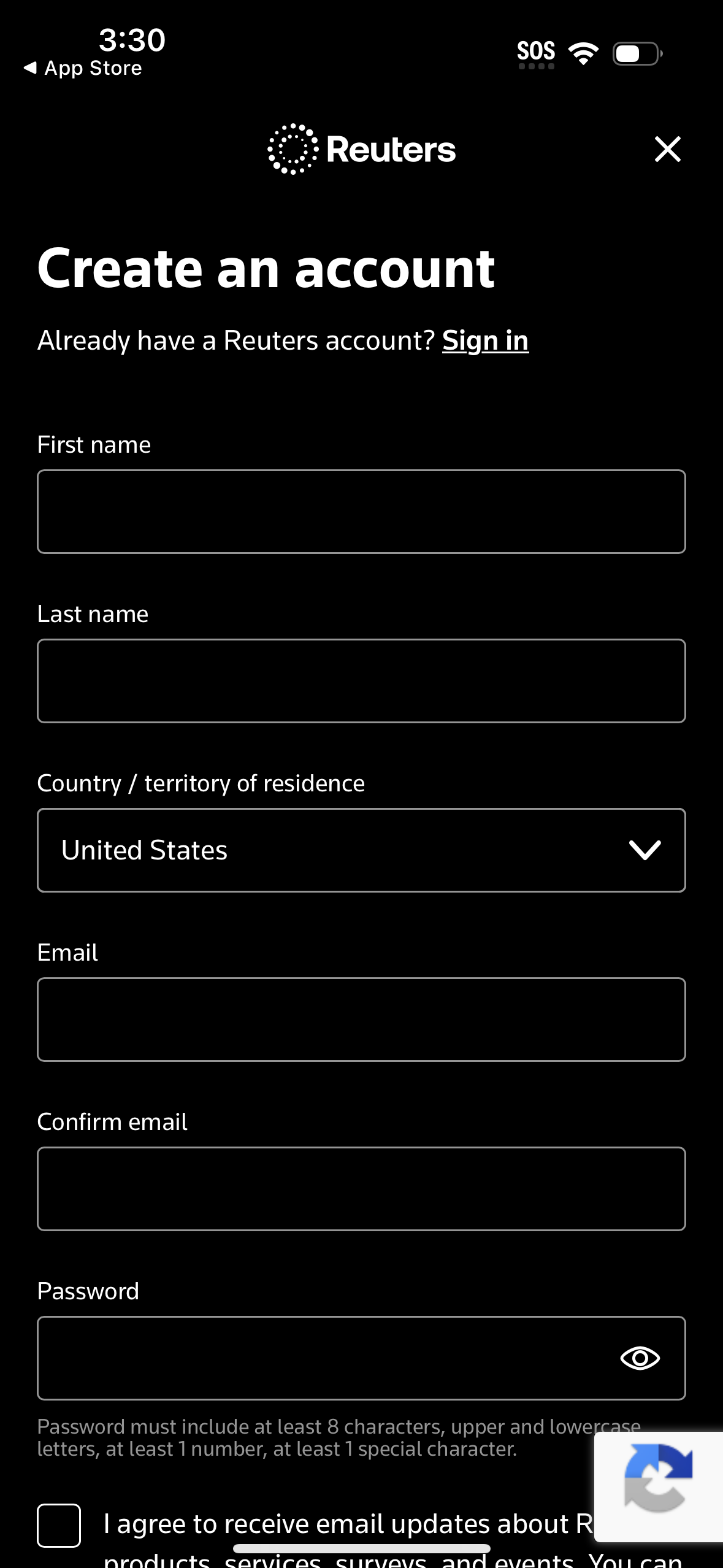 reuters signup screenshot