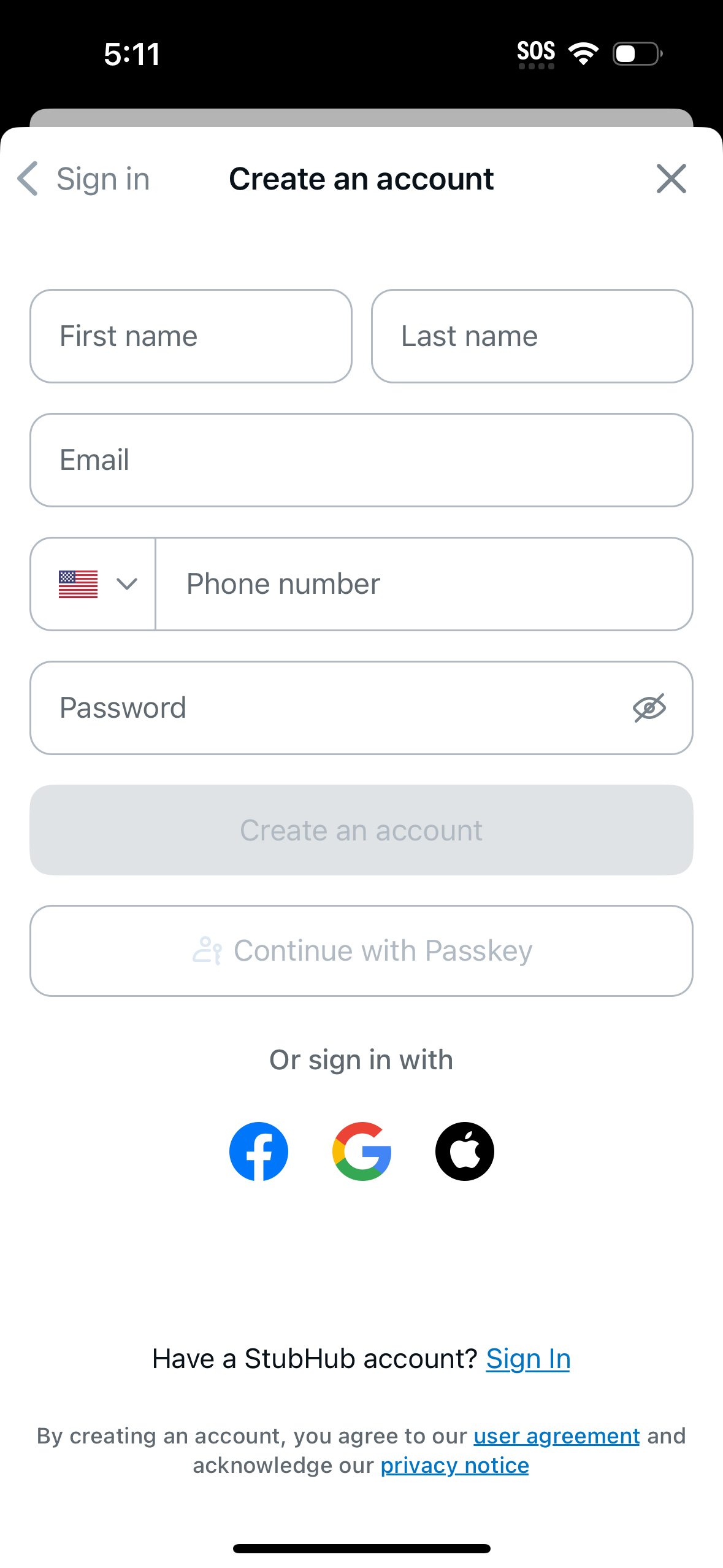 stubhub signup screenshot