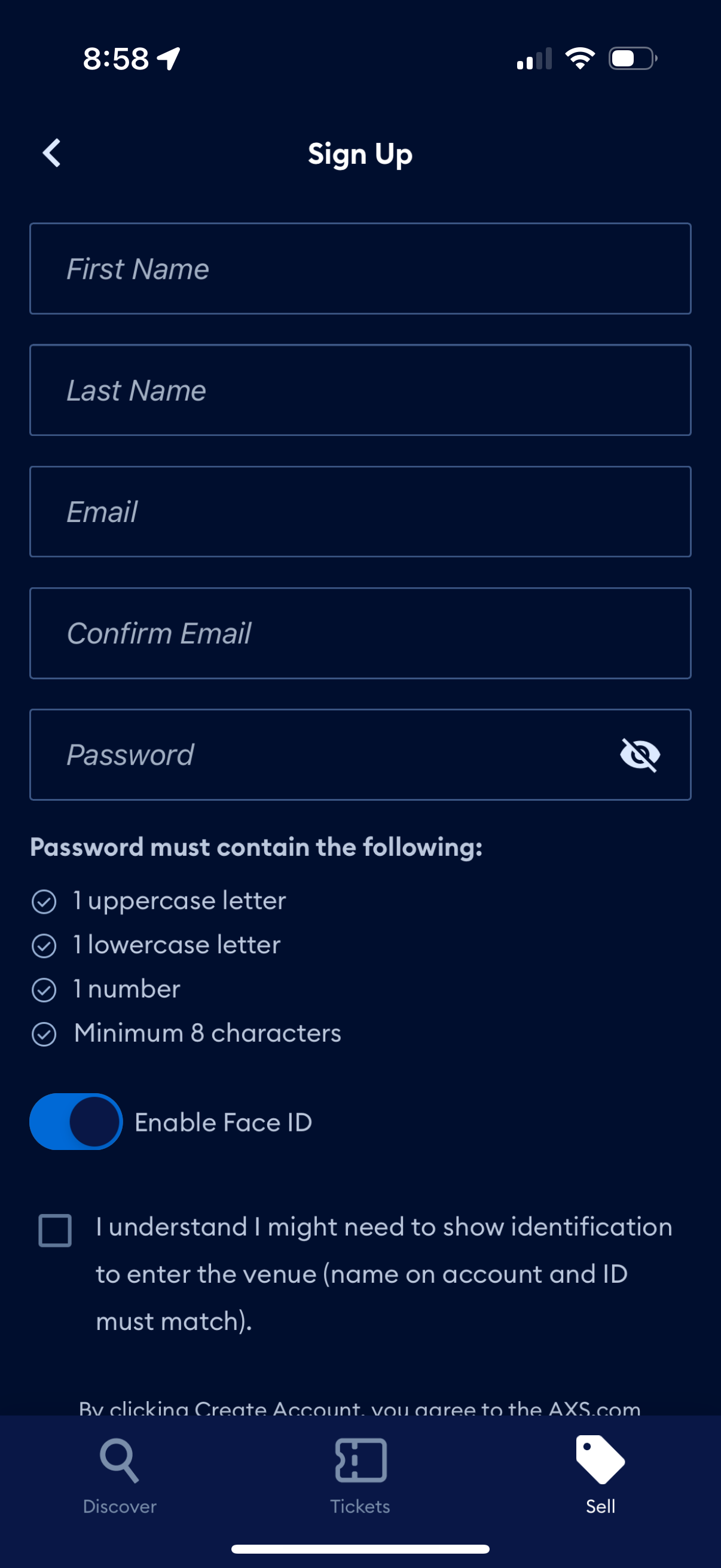 axs signup screenshot