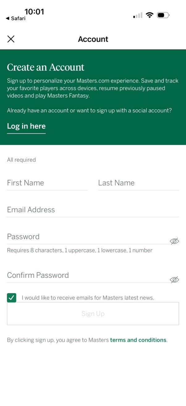 the-masters signup screenshot