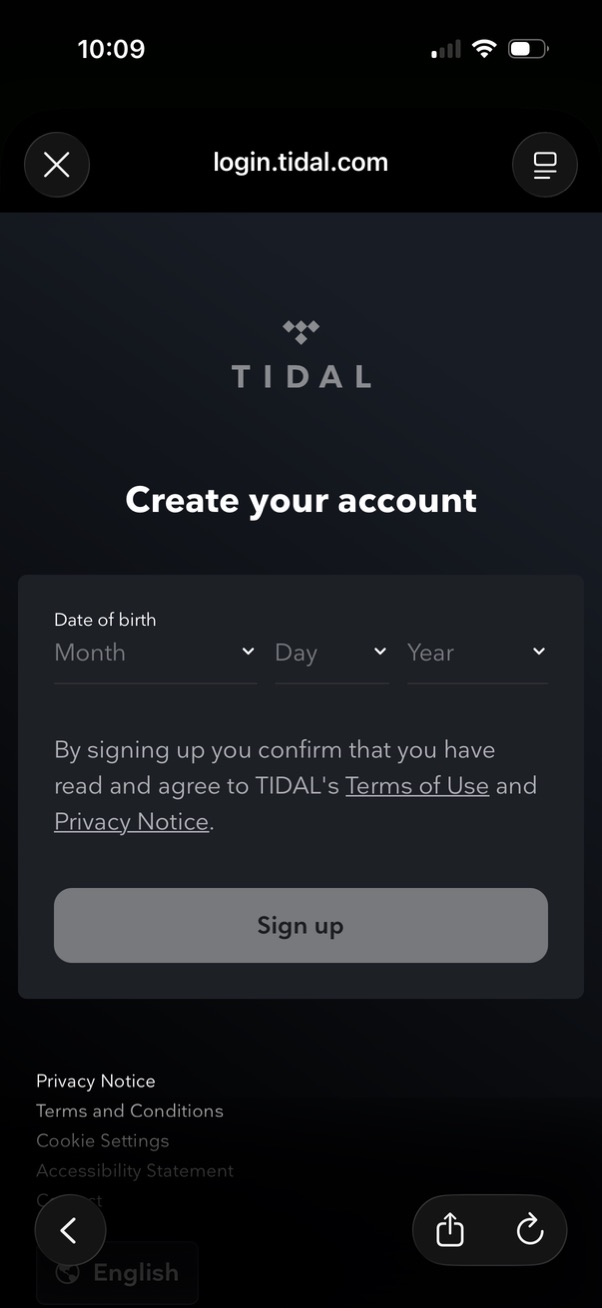 tidal signup screenshot