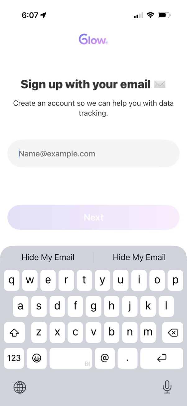 glow signup screenshot