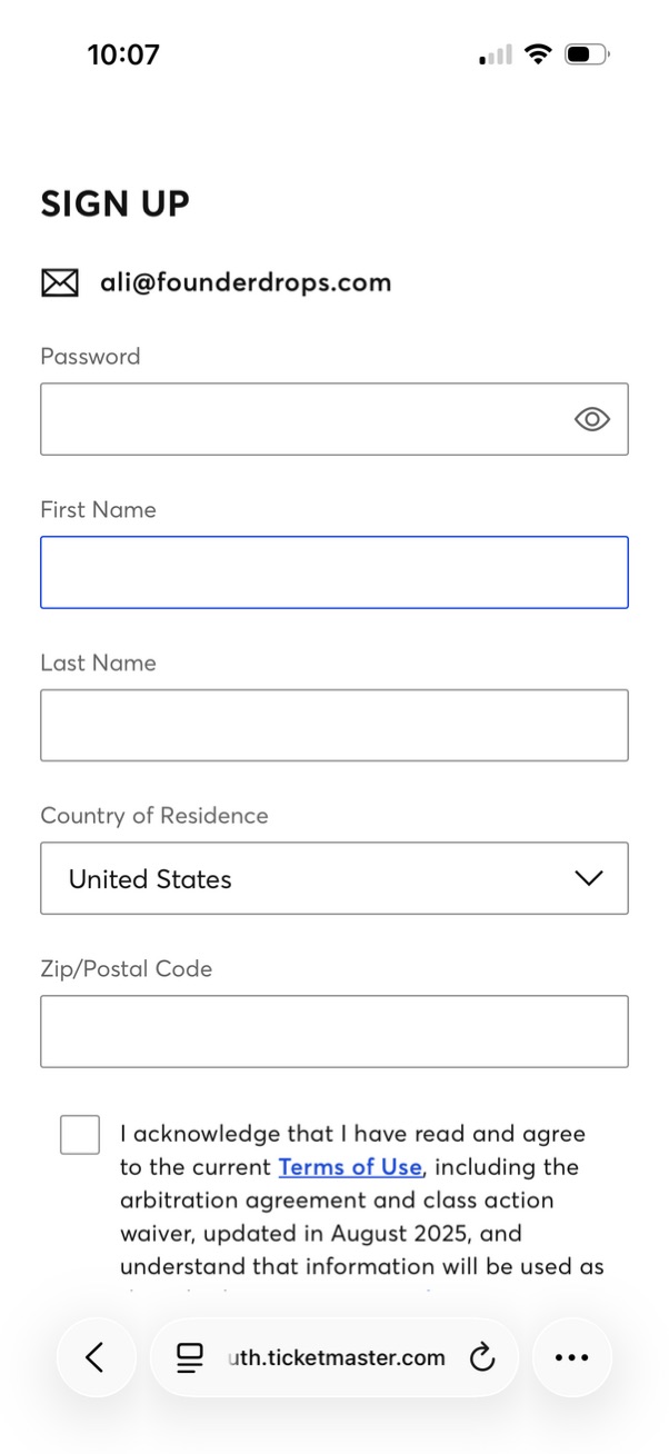 ticketmaster signup screenshot