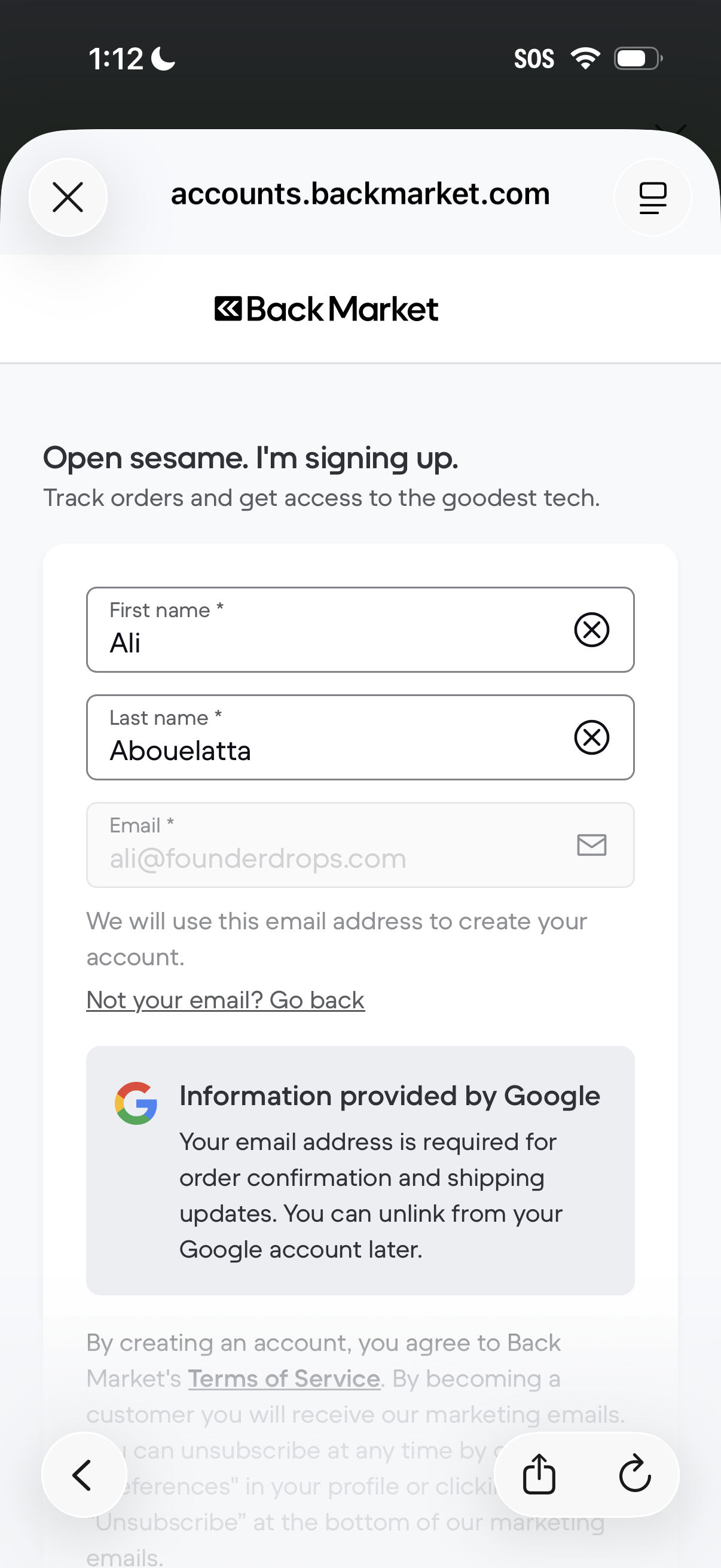 backmarket signup screenshot