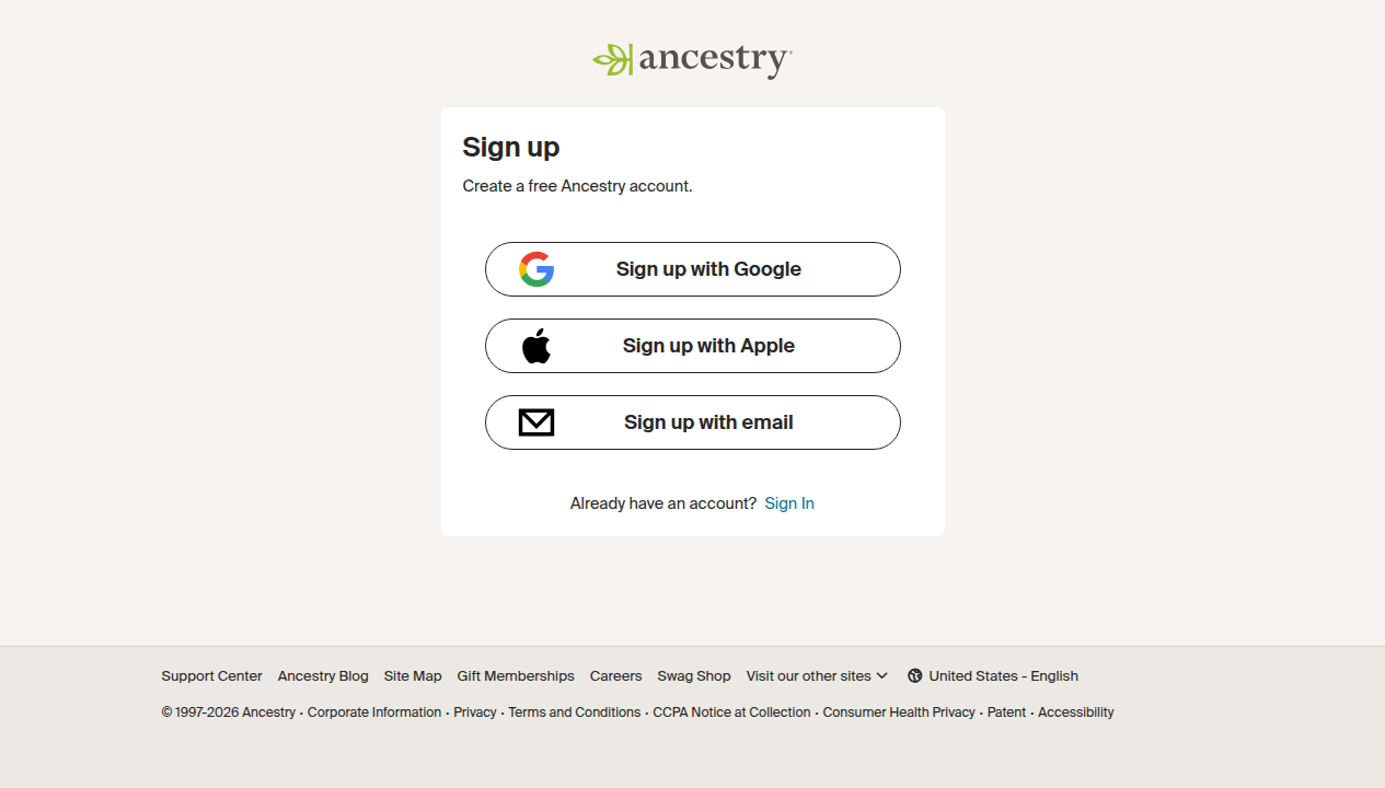 ancestry signup screenshot