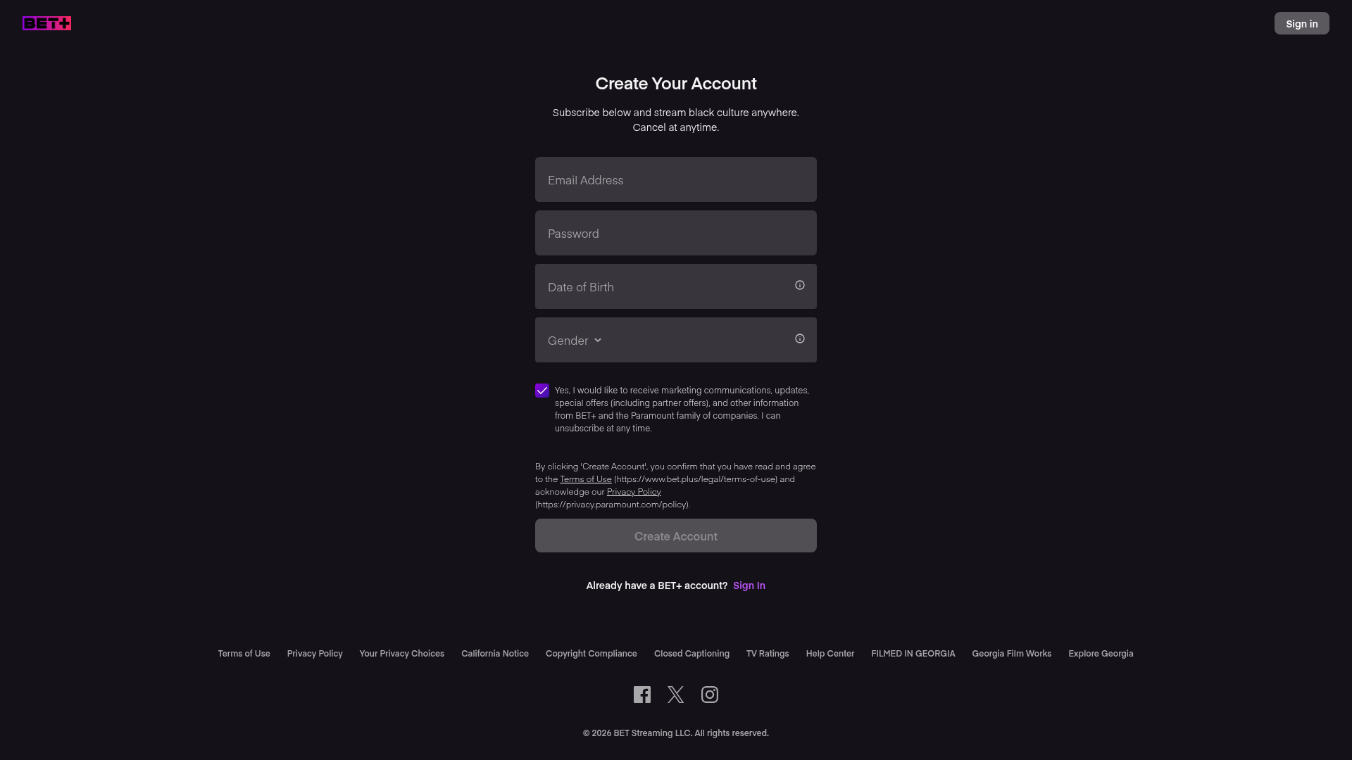 bet signup screenshot