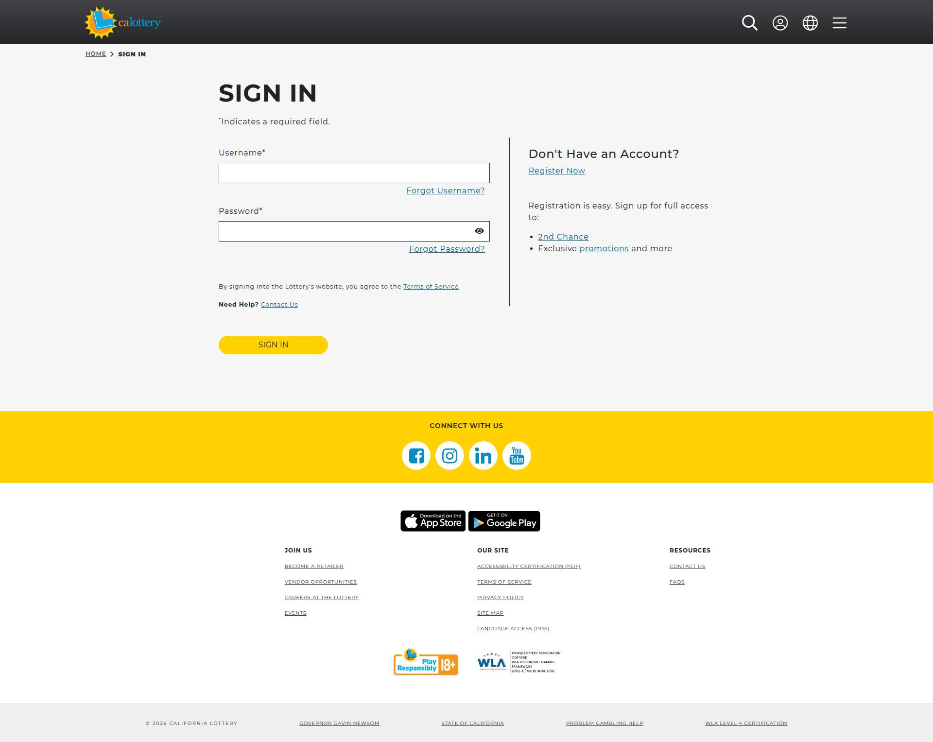 CA-lottery signup screenshot