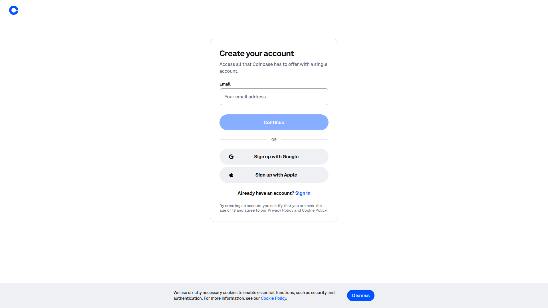 coinbase signup screenshot