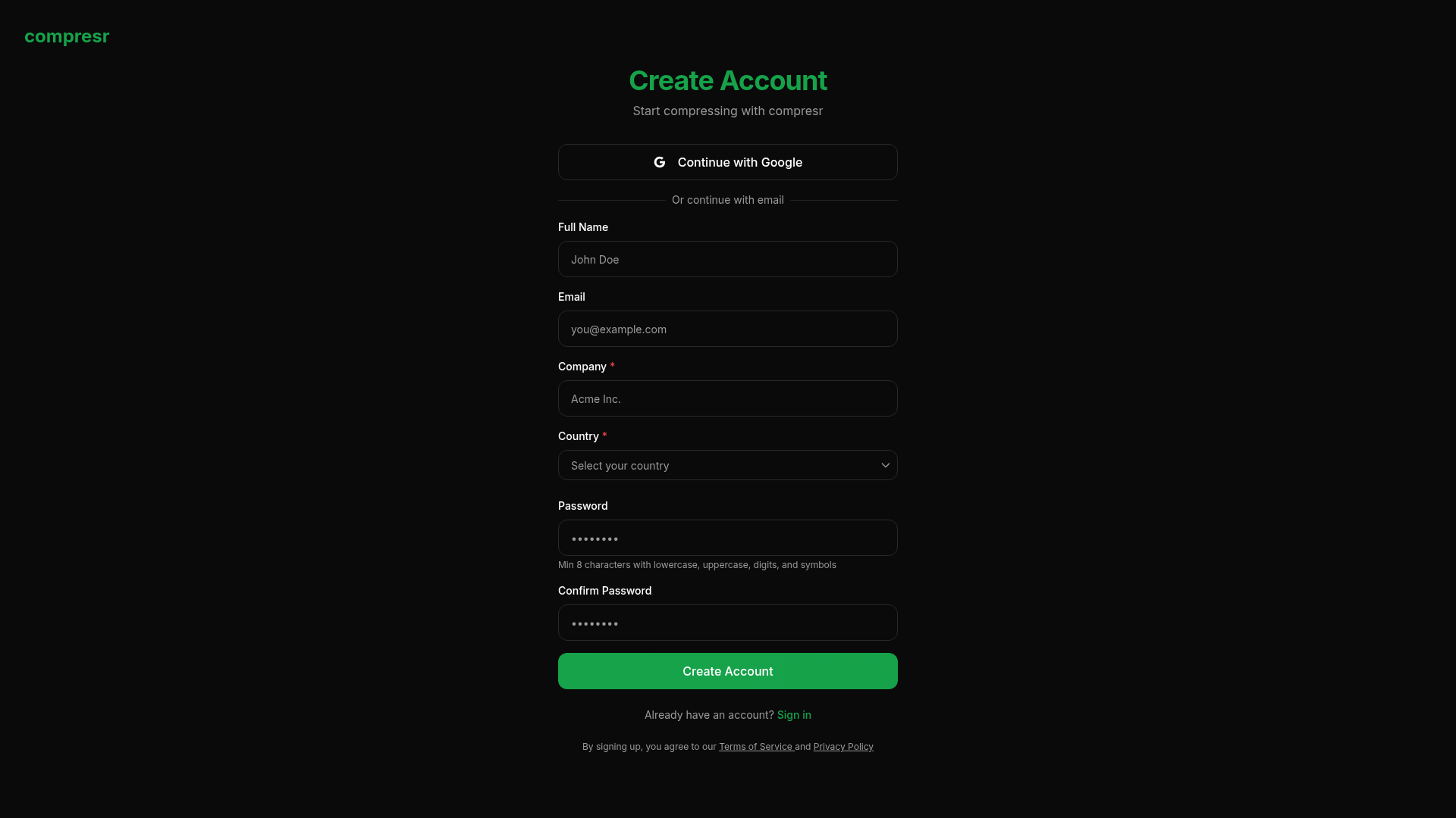 compresr signup screenshot