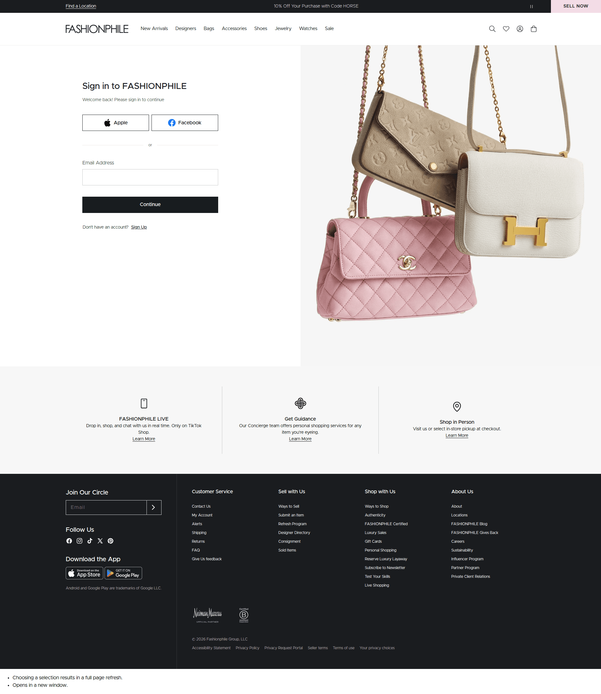 fashionphile signup screenshot