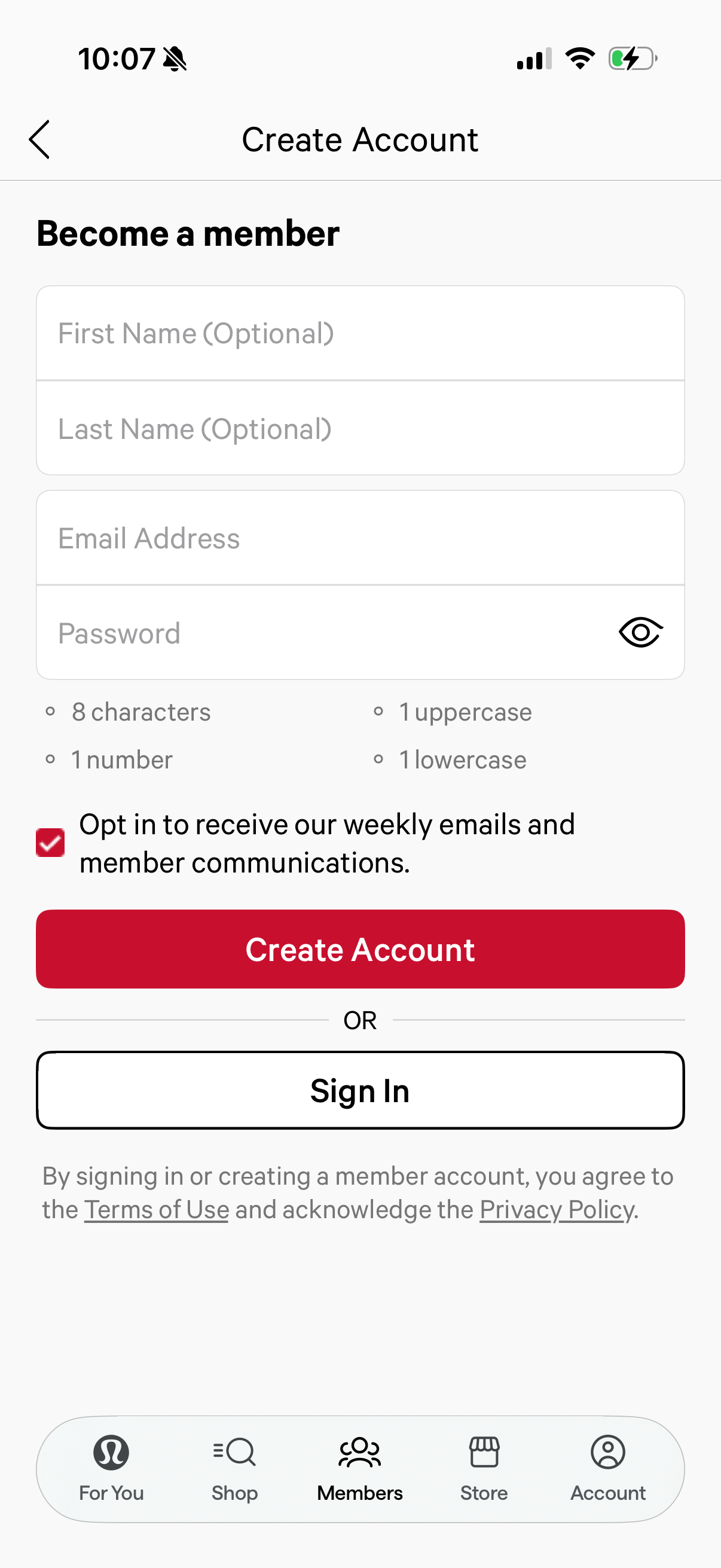 lululemon signup screenshot