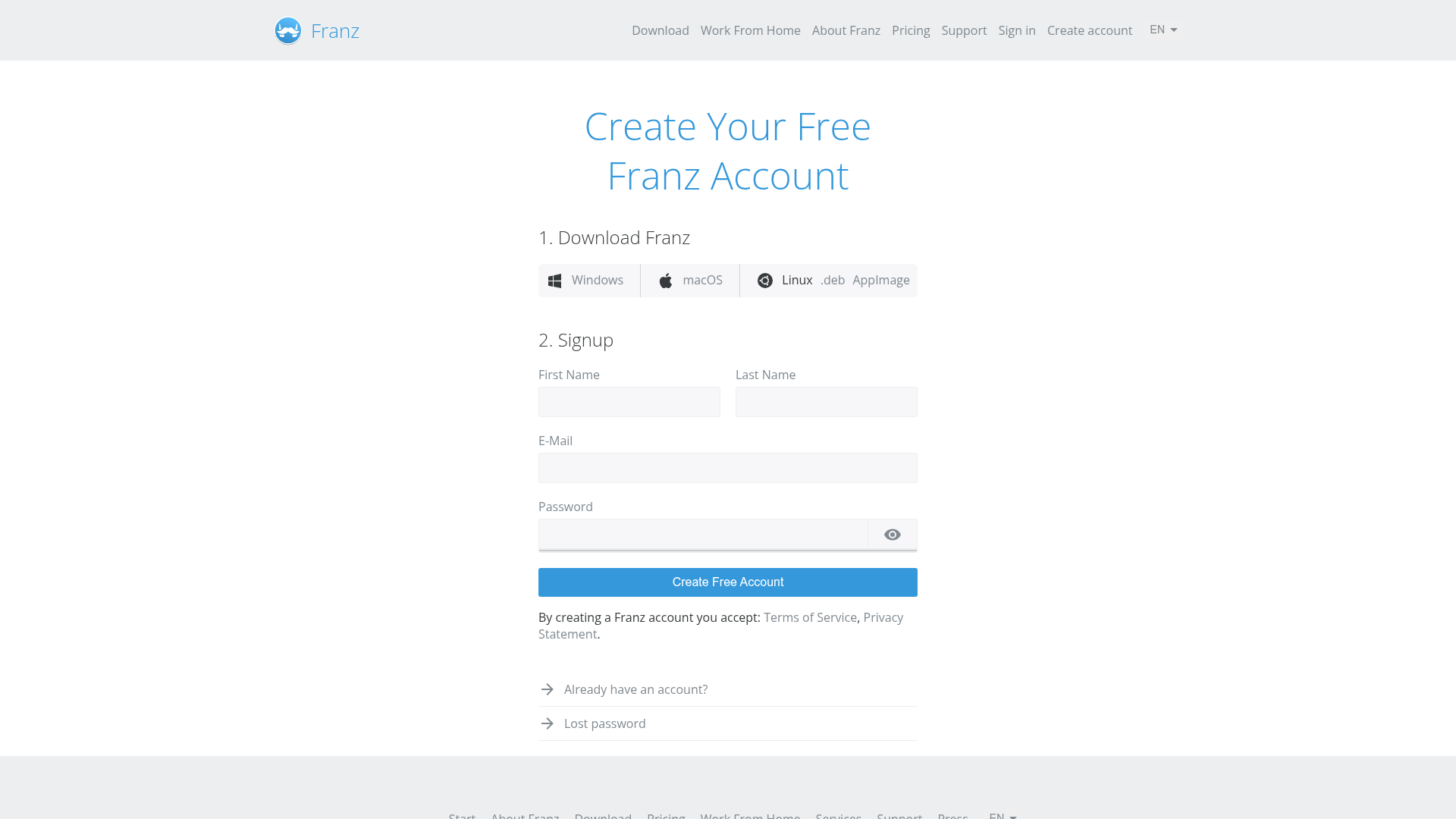 franz signup screenshot