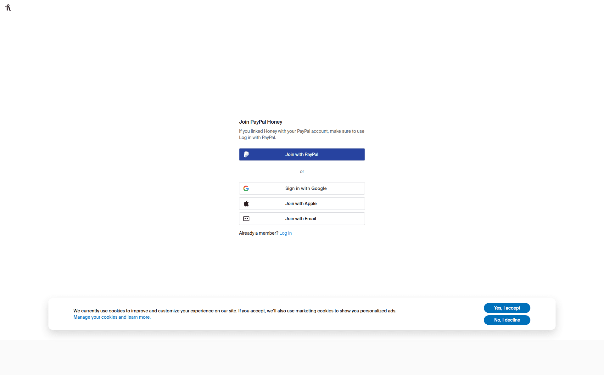 honey signup screenshot