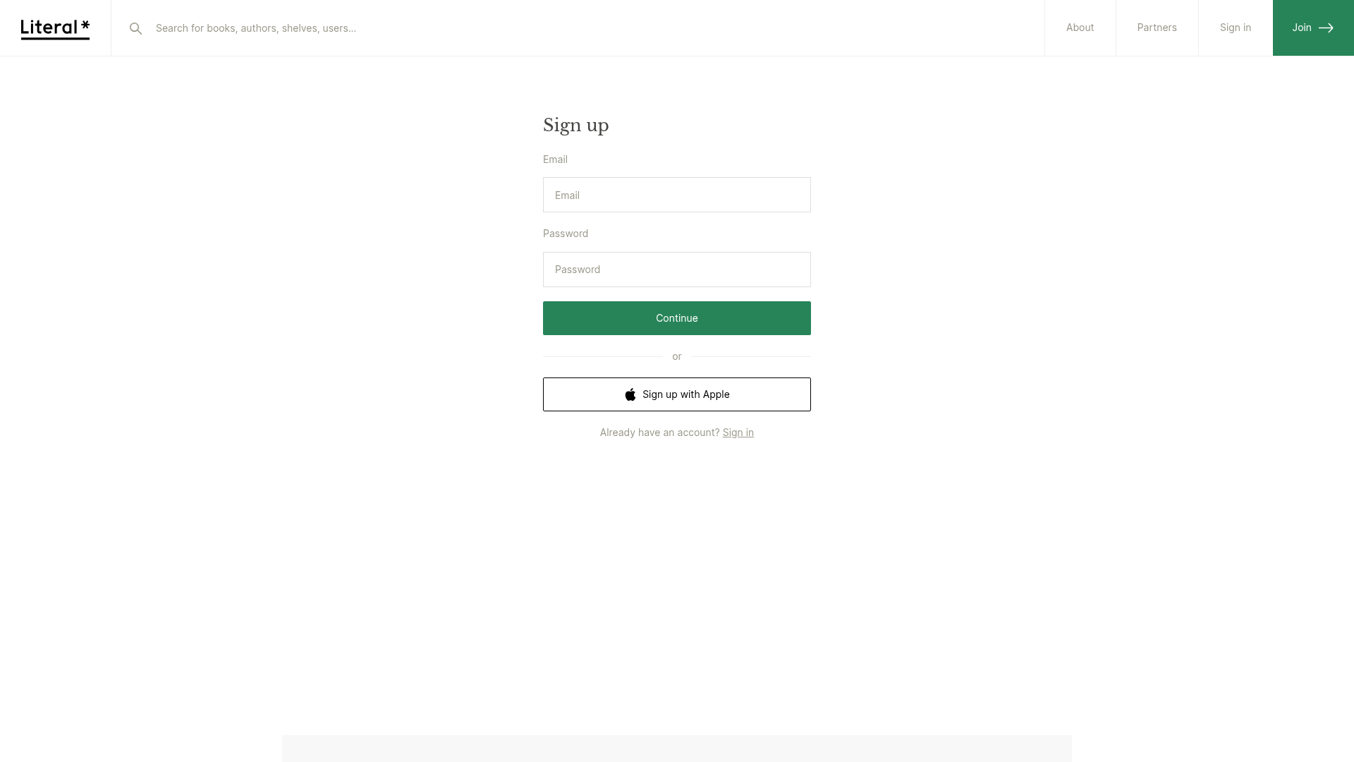 literal signup screenshot