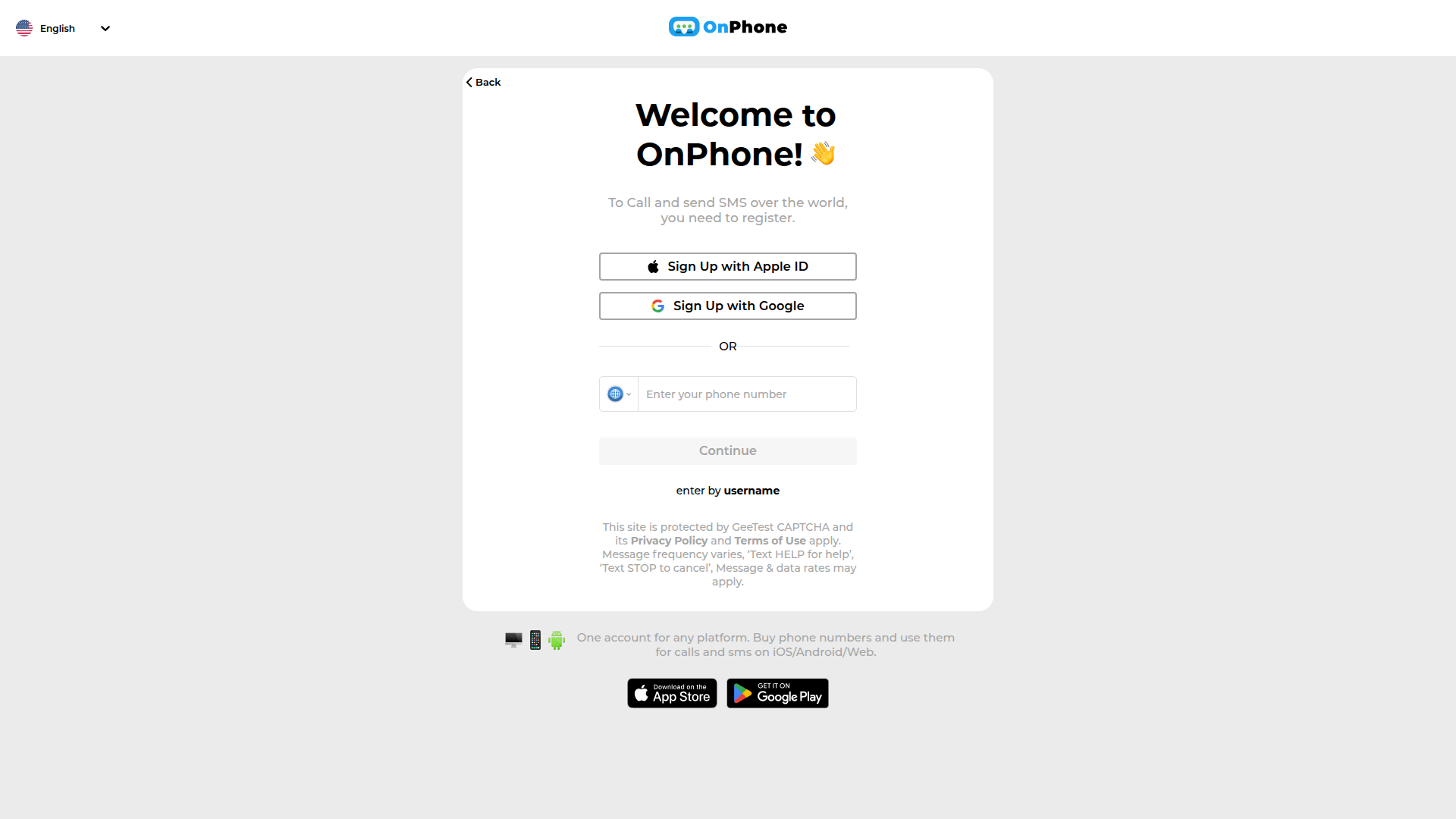 onphone signup screenshot