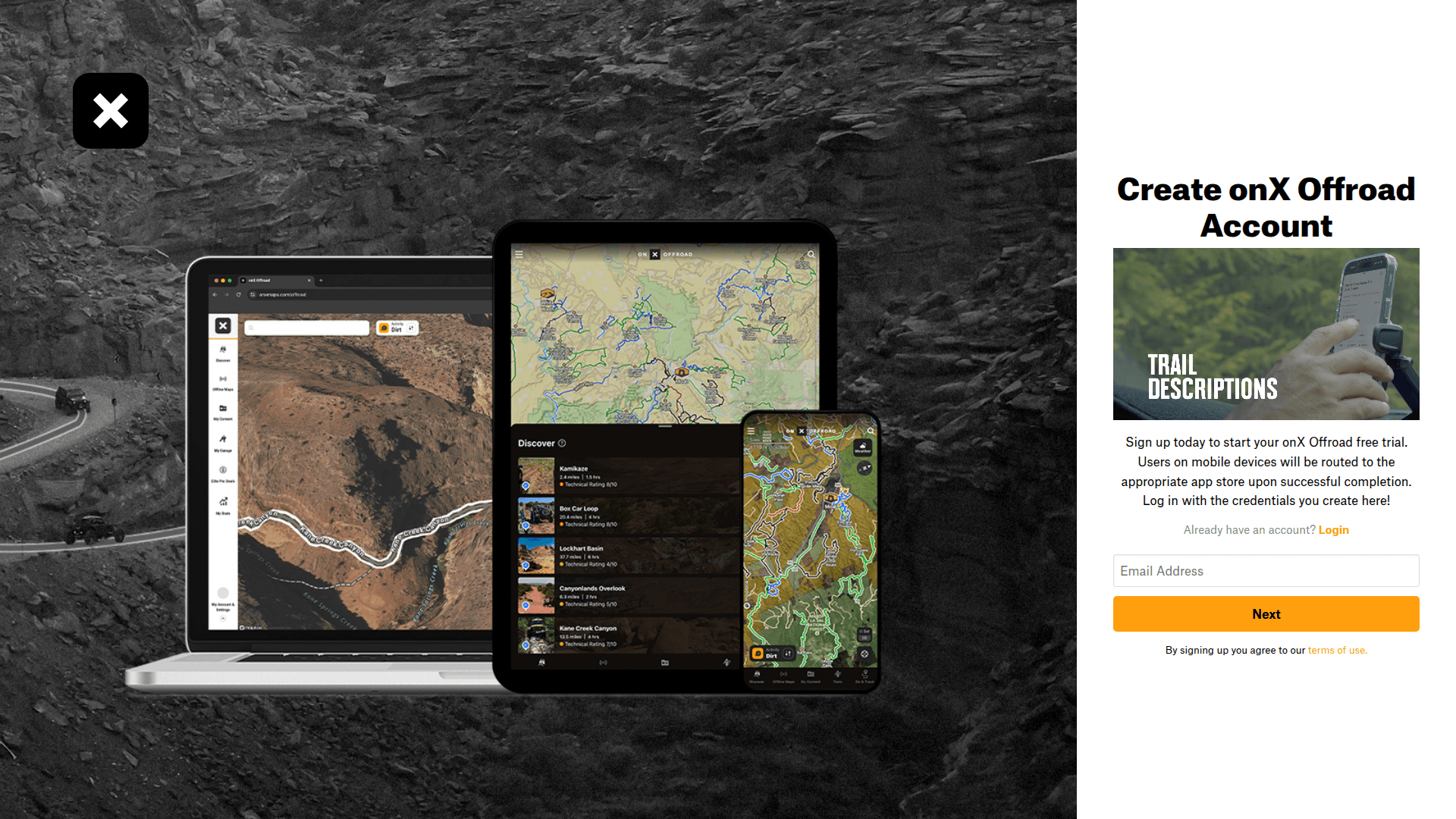 onx-offroad signup screenshot