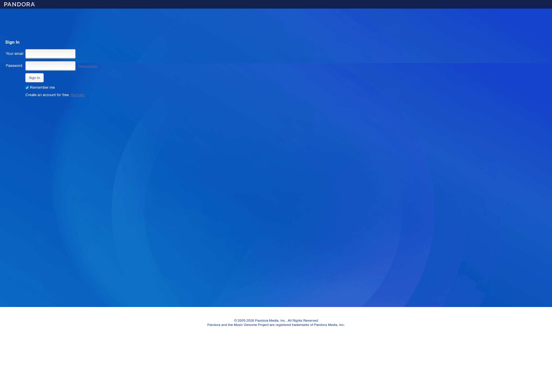 pandora signup screenshot