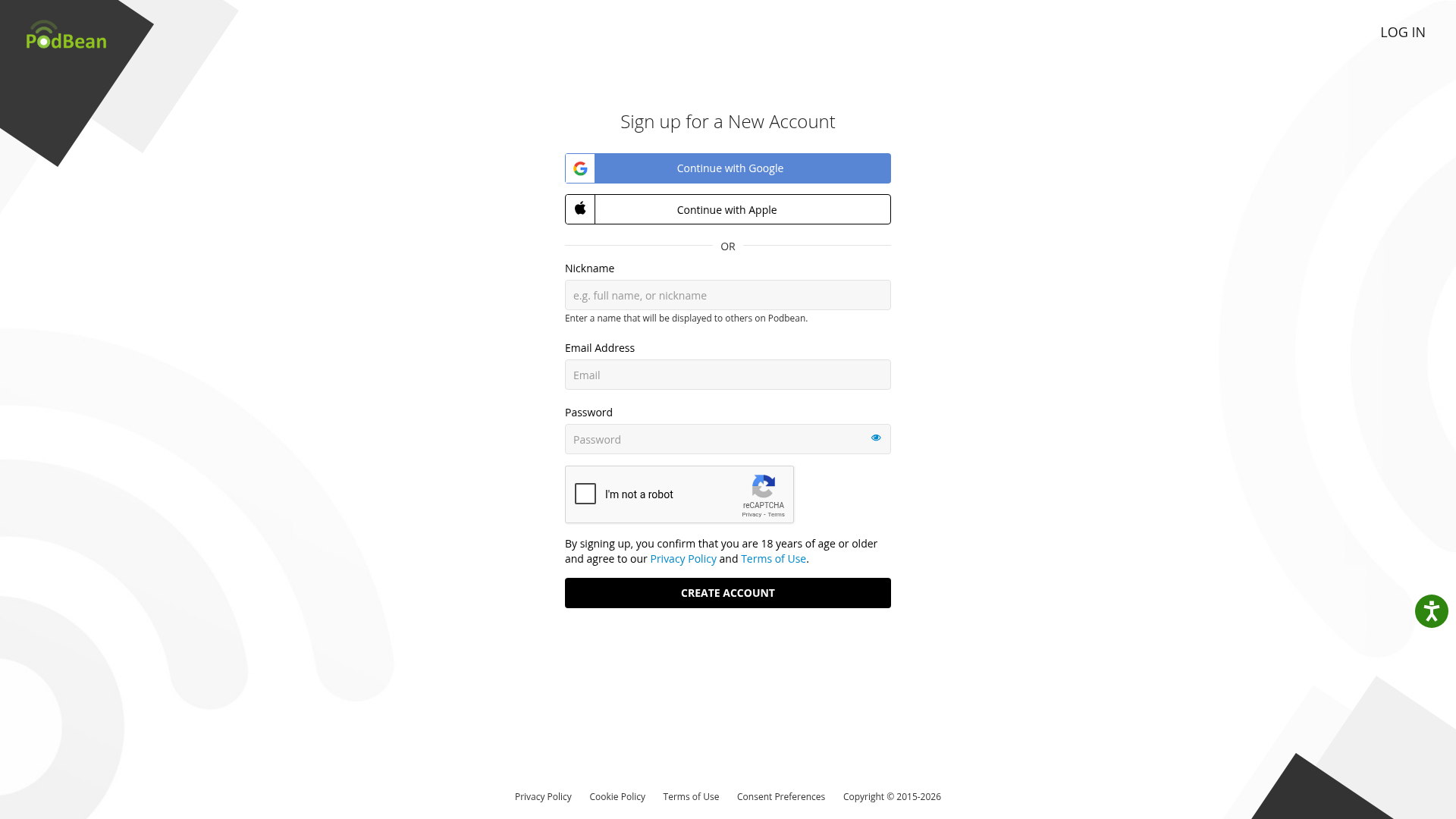 podbean signup screenshot