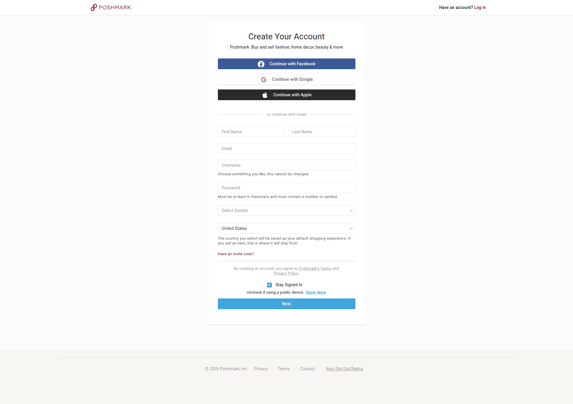 poshmark signup screenshot