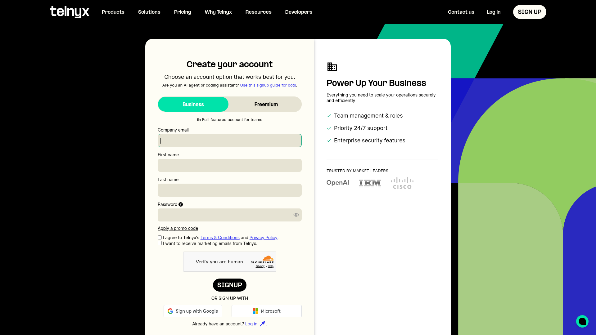 telnyx signup screenshot